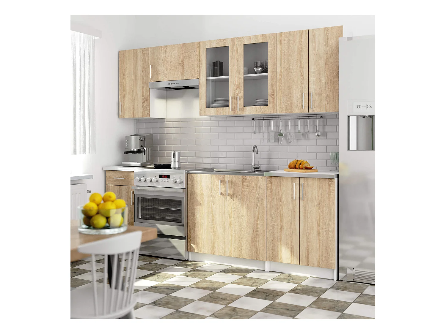 Ensemble de cuisine vitré AKORD LIMA 2.4m H720 Blanc 240 cm 11 portes 1 tiroir façade Chêne Sonoma 240x44,5x203 cm