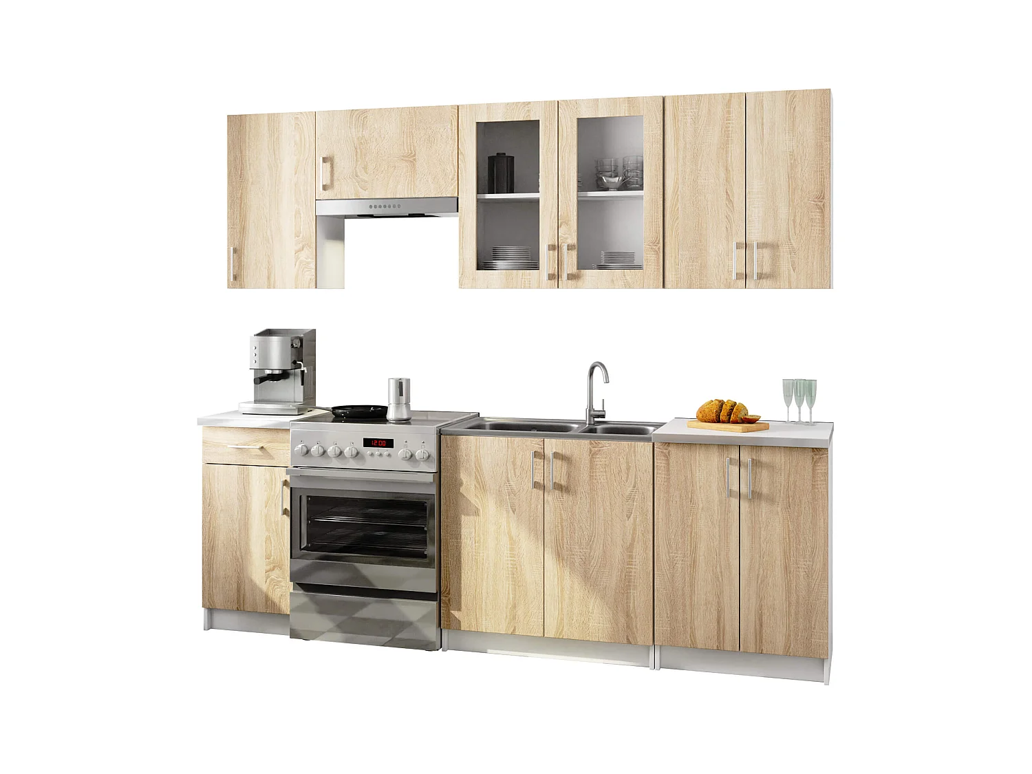 Ensemble de cuisine vitré AKORD LIMA 2.4m H720 Blanc 240 cm 11 portes 1 tiroir façade Chêne Sonoma 240x44,5x203 cm