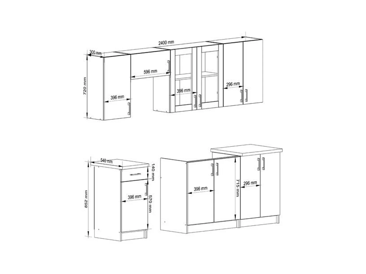 Ensemble de cuisine vitré AKORD LIMA 2.4m H720 Blanc 240 cm 11 portes 1 tiroir façade Chêne Sonoma 240x44,5x203 cm