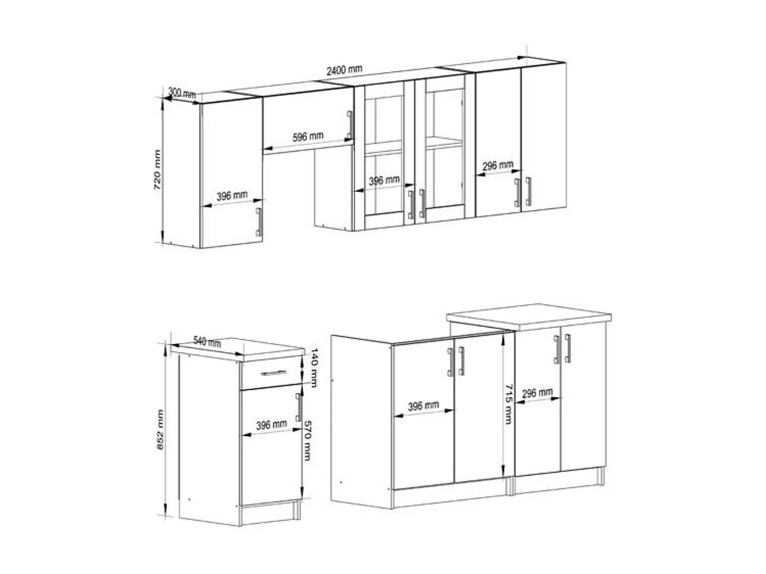 Complete Keuken, Keukenmeubelset met Verkblad LIMA H720 240 cm breed met Vitrinekast / Keukeneenheid zonder apparatuur / Wit – Sonoma Eik / 240 x 203 x 44,5 cm