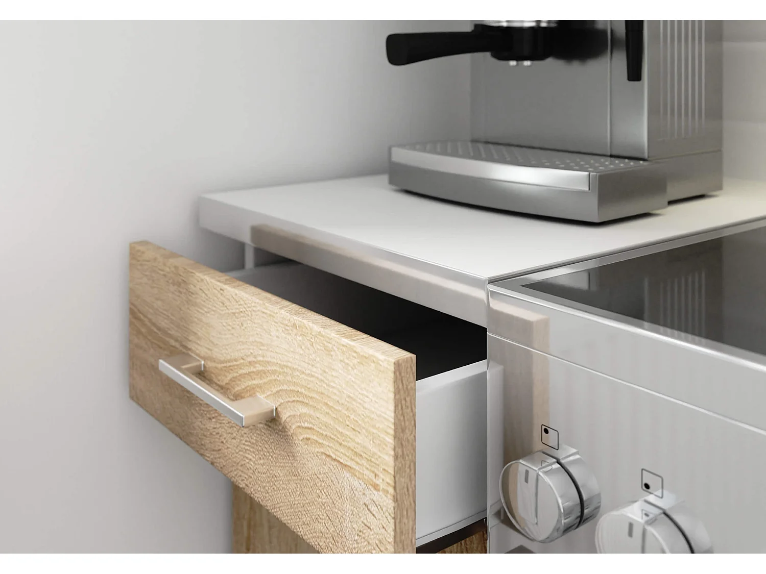 Complete Keuken, Keukenmeubelset met Verkblad LIMA H720 240 cm breed met Vitrinekast / Keukeneenheid zonder apparatuur / Wit – Sonoma Eik / 240 x 203 x 44,5 cm