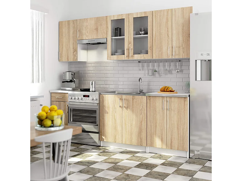 Ensemble de cuisine vitré AKORD LIMA 2.4m H720 Blanc 240 cm 11 portes 1 tiroir façade Chêne Sonoma 240x44,5x203 cm