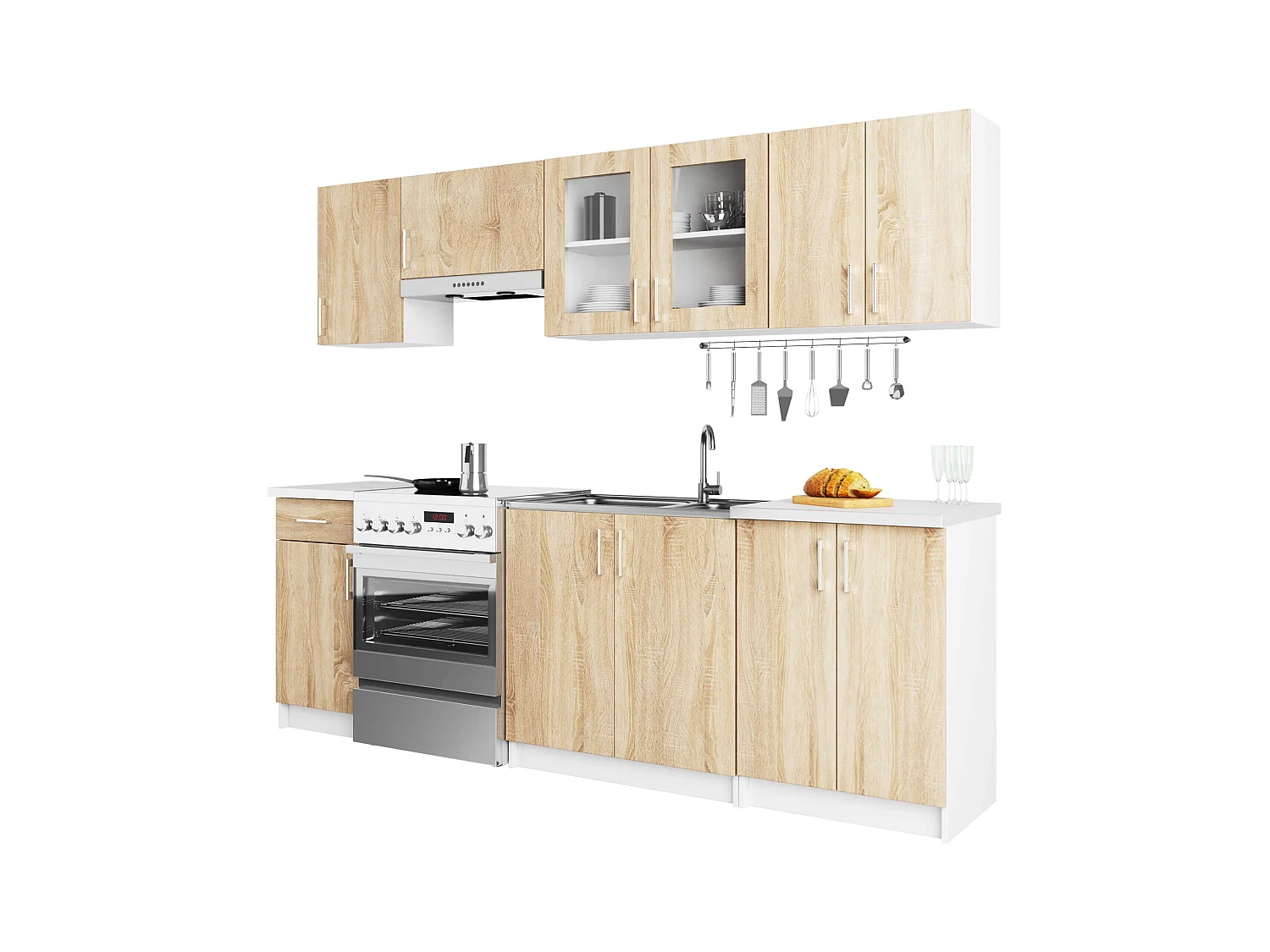 Ensemble de cuisine vitré AKORD LIMA 2.4m Blanc 240 cm 11 portes 1 tiroir façade Chêne Sonoma 240x44,5x203 cm