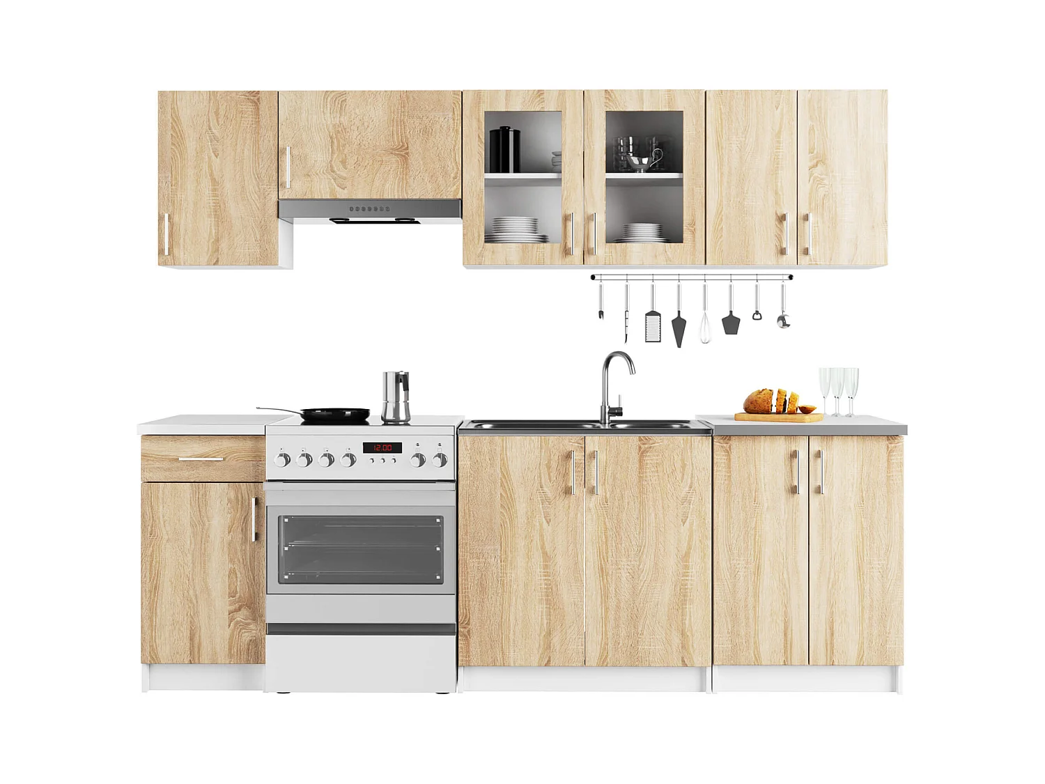 Ensemble de cuisine vitré AKORD LIMA 2.4m Blanc 240 cm 11 portes 1 tiroir façade Chêne Sonoma 240x44,5x203 cm