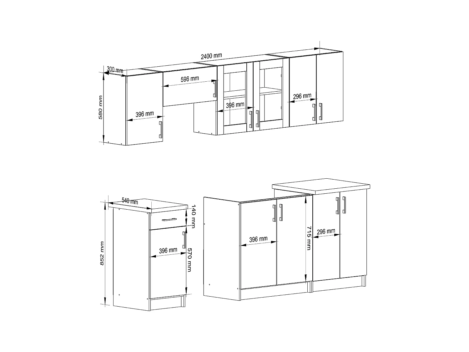 Ensemble de cuisine vitré AKORD LIMA 2.4m Blanc 240 cm 11 portes 1 tiroir façade Chêne Sonoma 240x44,5x203 cm