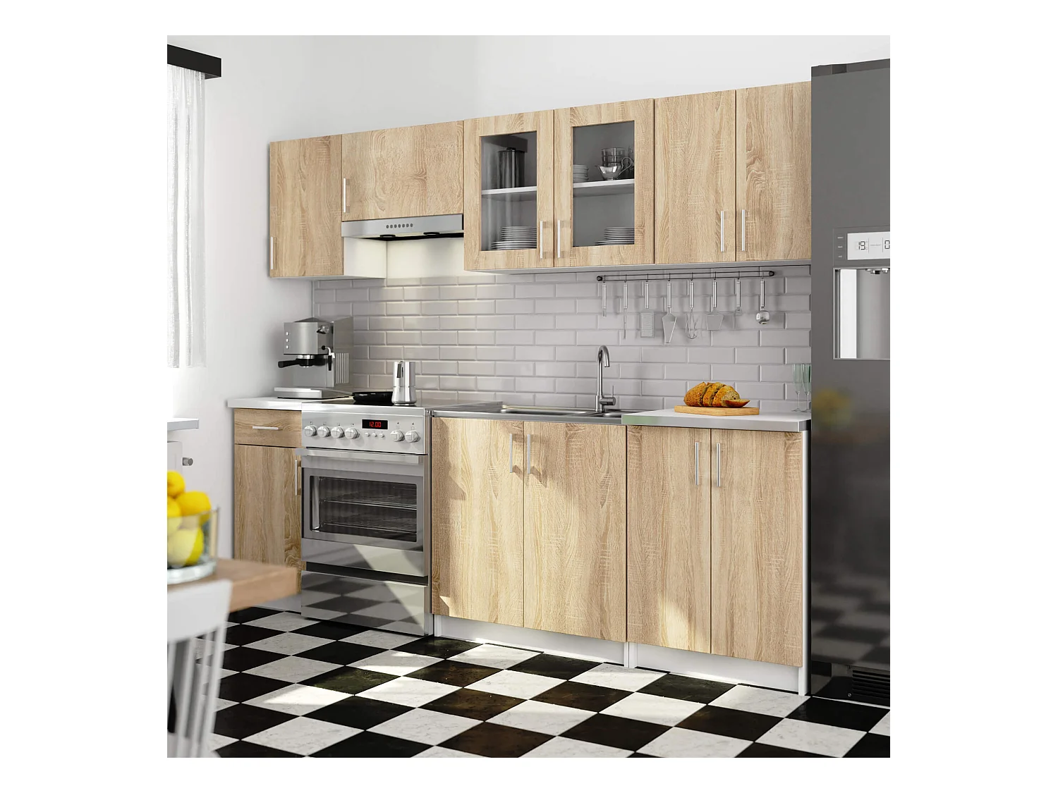 Ensemble de cuisine vitré AKORD LIMA 2.4m Blanc 240 cm 11 portes 1 tiroir façade Chêne Sonoma 240x44,5x203 cm