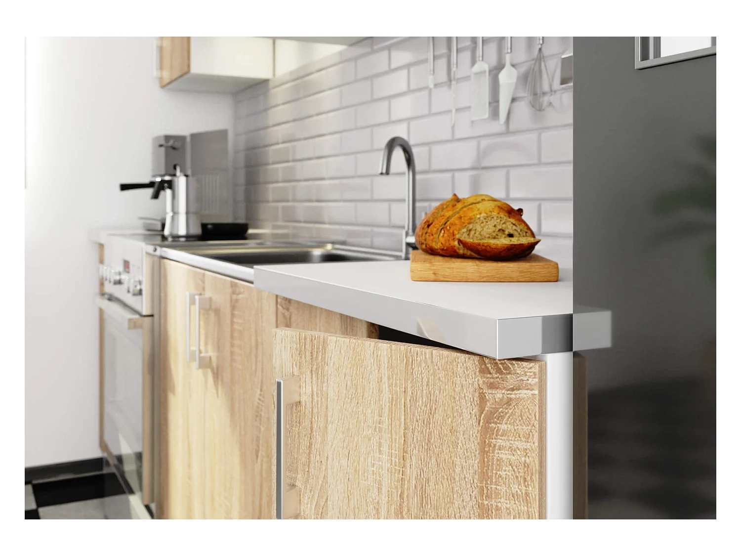 Ensemble de cuisine vitré AKORD LIMA 2.4m Blanc 240 cm 11 portes 1 tiroir façade Chêne Sonoma 240x44,5x203 cm