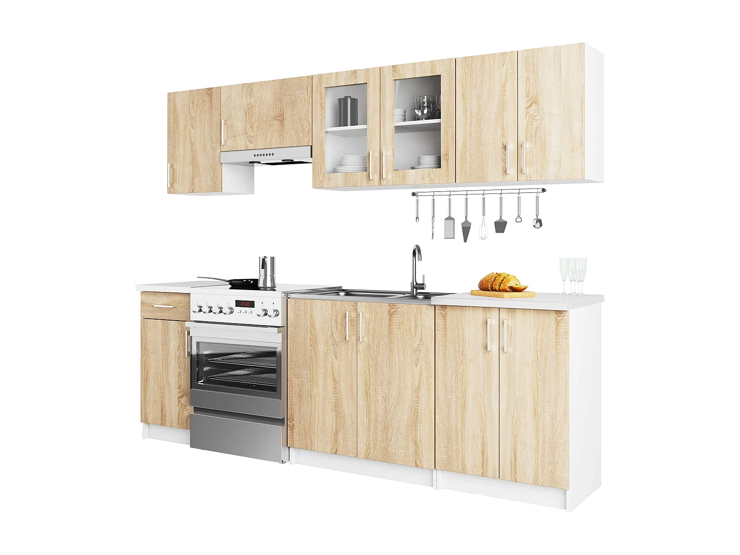 Complete Keuken, Keukenmeubelset met Verkblad LIMA 240 cm breed met Vitrinekast / Keukeneenheid zonder apparatuur / Wit – Sonoma Eik / 240 x 203 x 44,5 cm