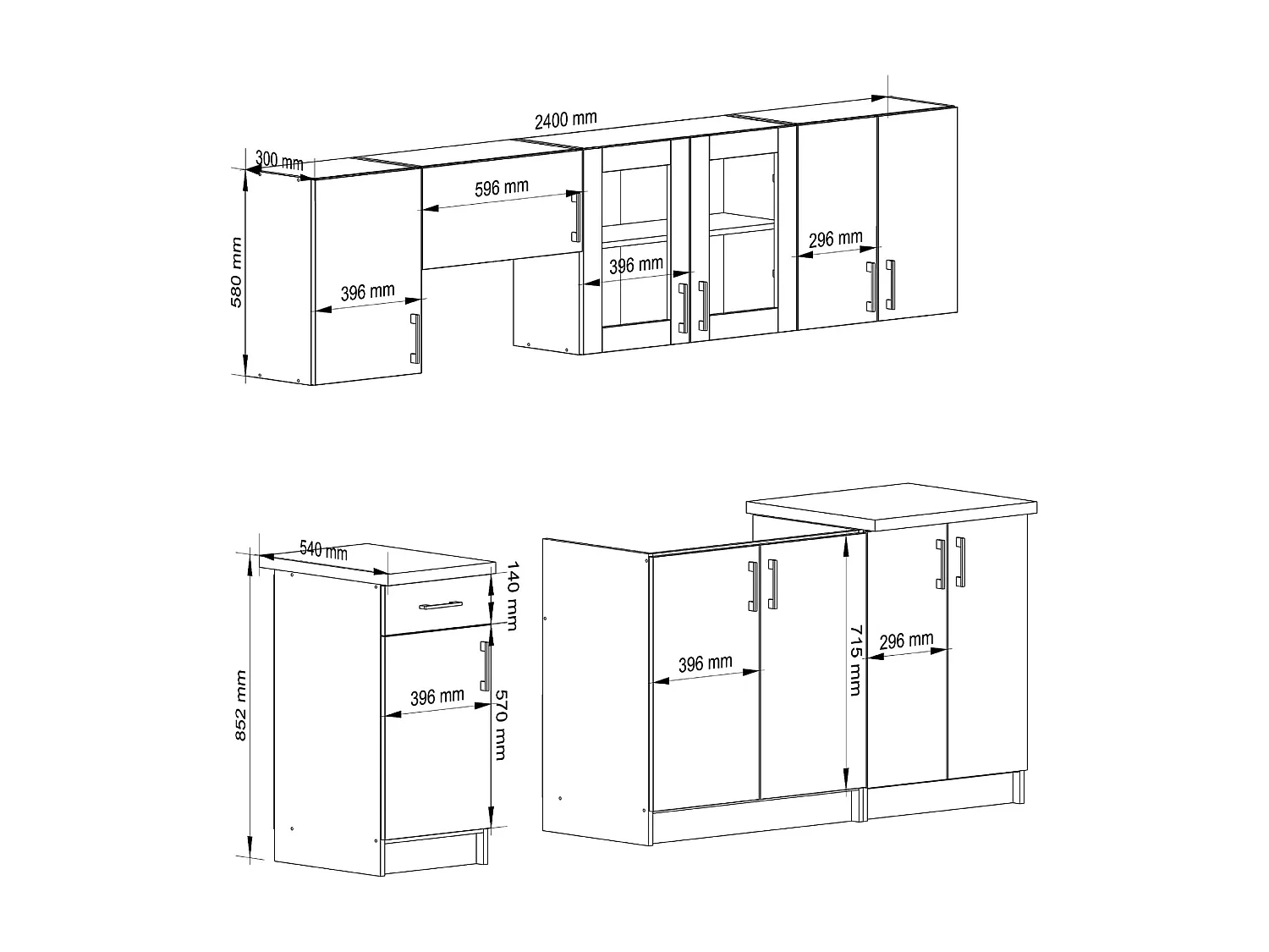 Complete Keuken, Keukenmeubelset met Verkblad LIMA 240 cm breed met Vitrinekast / Keukeneenheid zonder apparatuur / Wit – Sonoma Eik / 240 x 203 x 44,5 cm