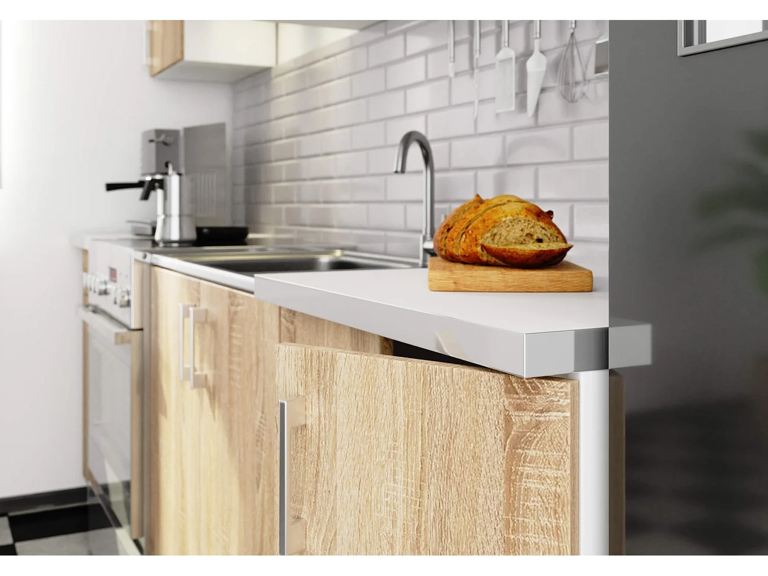 Complete Keuken, Keukenmeubelset met Verkblad LIMA 240 cm breed met Vitrinekast / Keukeneenheid zonder apparatuur / Wit – Sonoma Eik / 240 x 203 x 44,5 cm