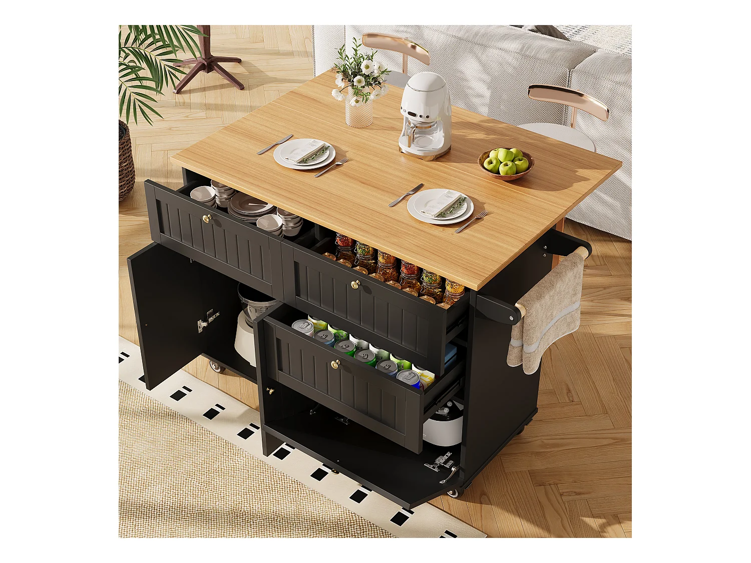 Kücheninsel auf Rollen – 133 x 70 x 88 cm – Servierwagen mit Auszügen, 3 Schubladen und 3 Türen – MDF – Schwarz