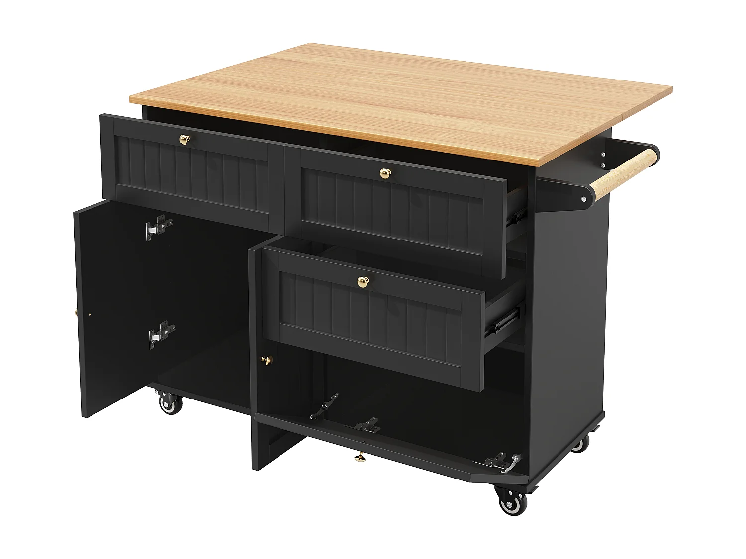 Îlot de cuisine à roulettes - 133 x 70 x 88 cm - desserte avec meubles extensibles + 3 tiroirs + 3 portes - MDF - noir