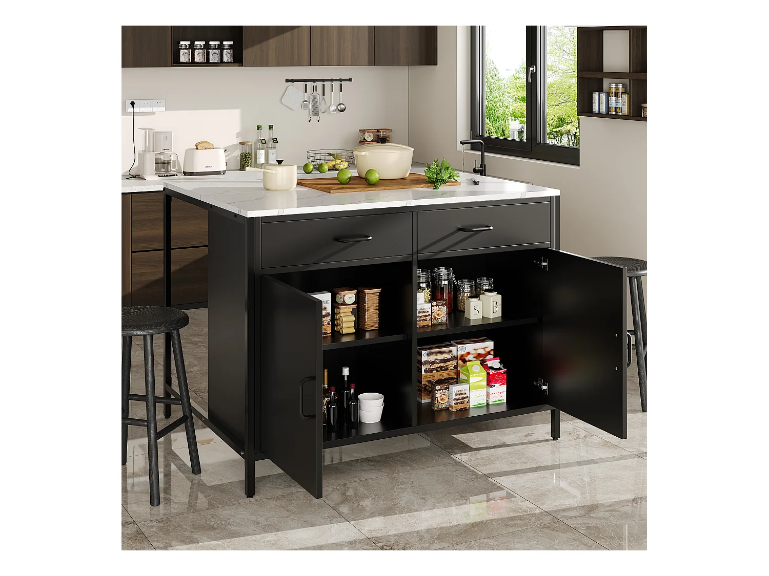 Ilha de cozinha - 100 x 90 x 90 cm - mesa de bar - com 2 portas + 2 gavetas + pés reguláveis - MDF - preto