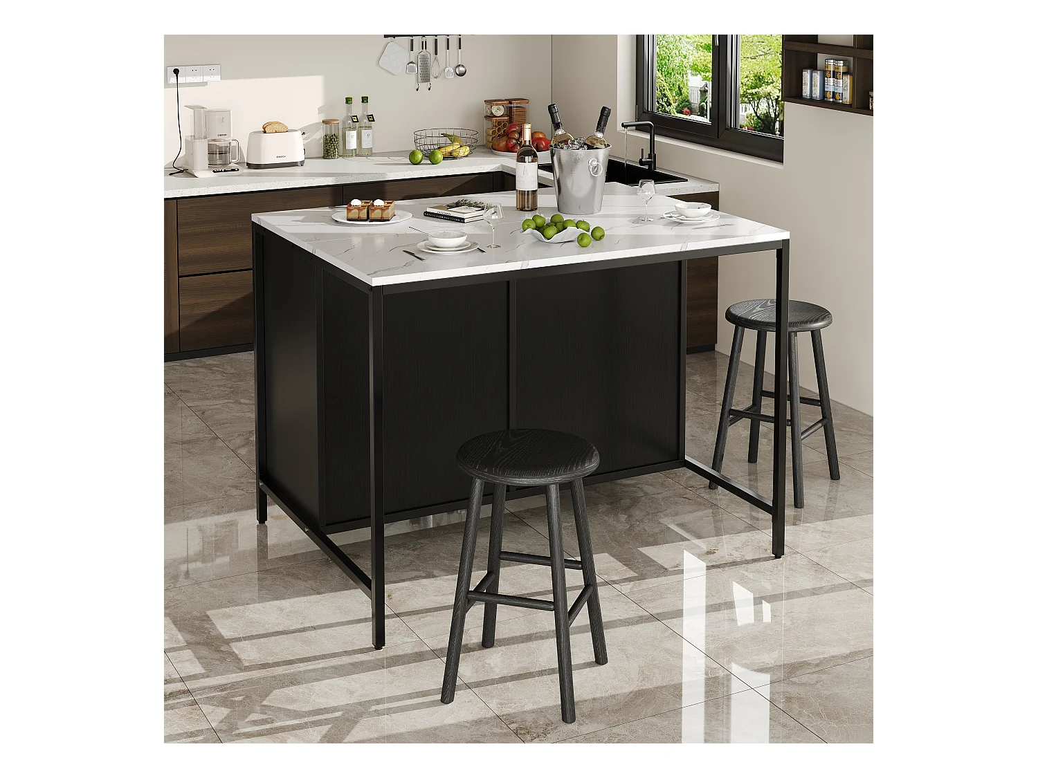 Ilha de cozinha - 100 x 90 x 90 cm - mesa de bar - com 2 portas + 2 gavetas + pés reguláveis - MDF - preto