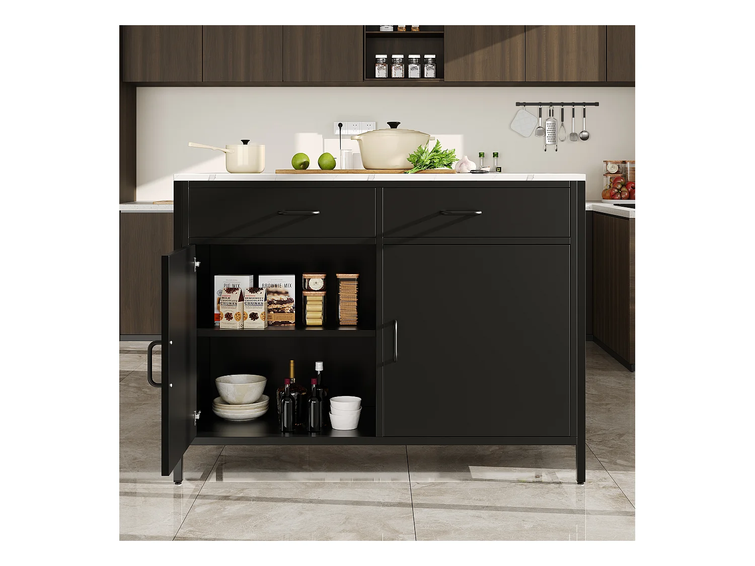 Ilha de cozinha - 100 x 90 x 90 cm - mesa de bar - com 2 portas + 2 gavetas + pés reguláveis - MDF - preto