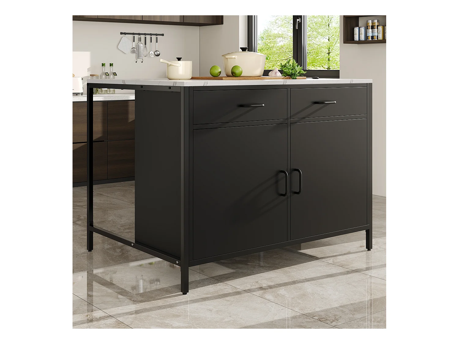 Ilha de cozinha - 100 x 90 x 90 cm - mesa de bar - com 2 portas + 2 gavetas + pés reguláveis - MDF - preto