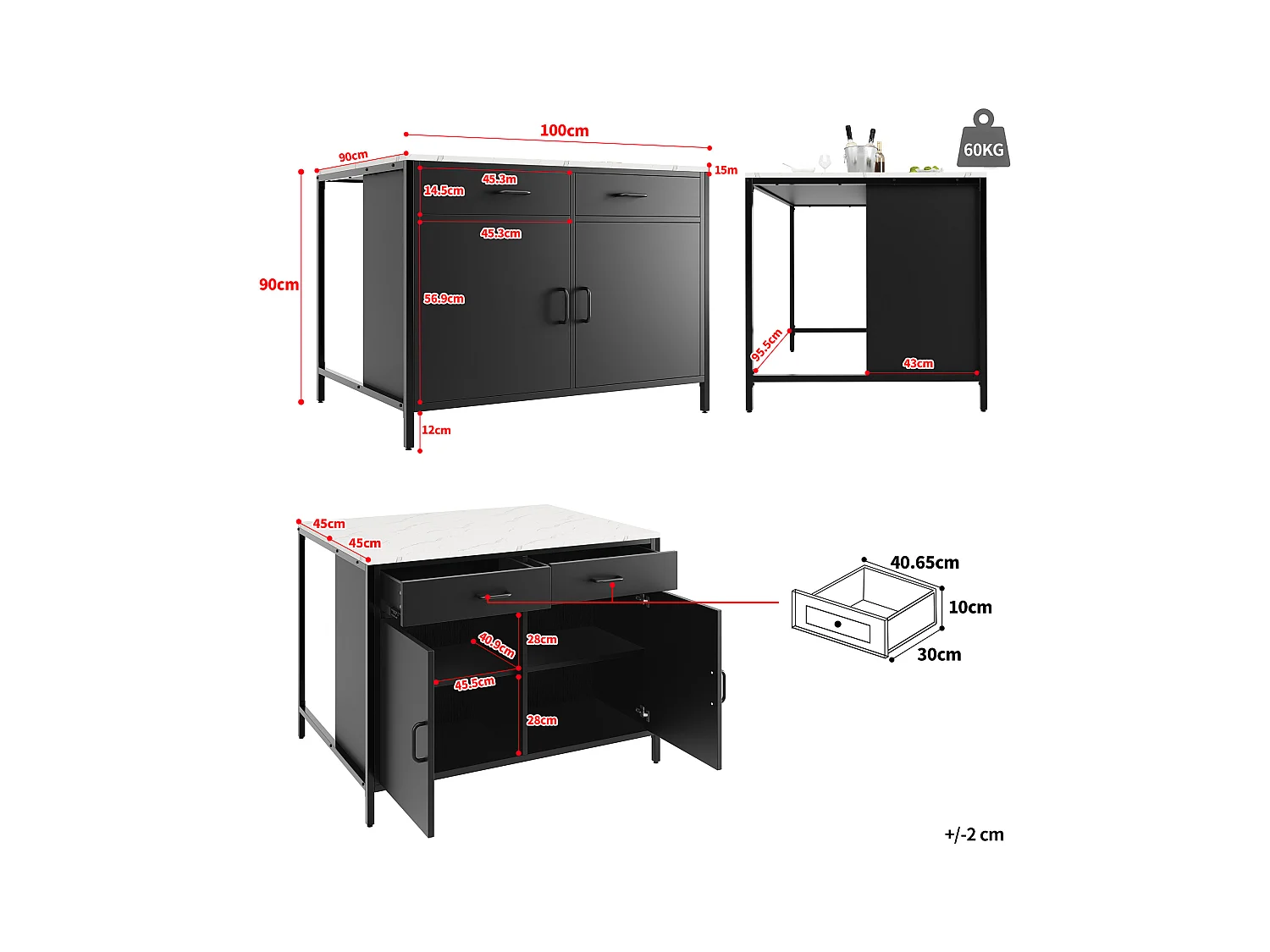 Ilha de cozinha - 100 x 90 x 90 cm - mesa de bar - com 2 portas + 2 gavetas + pés reguláveis - MDF - preto