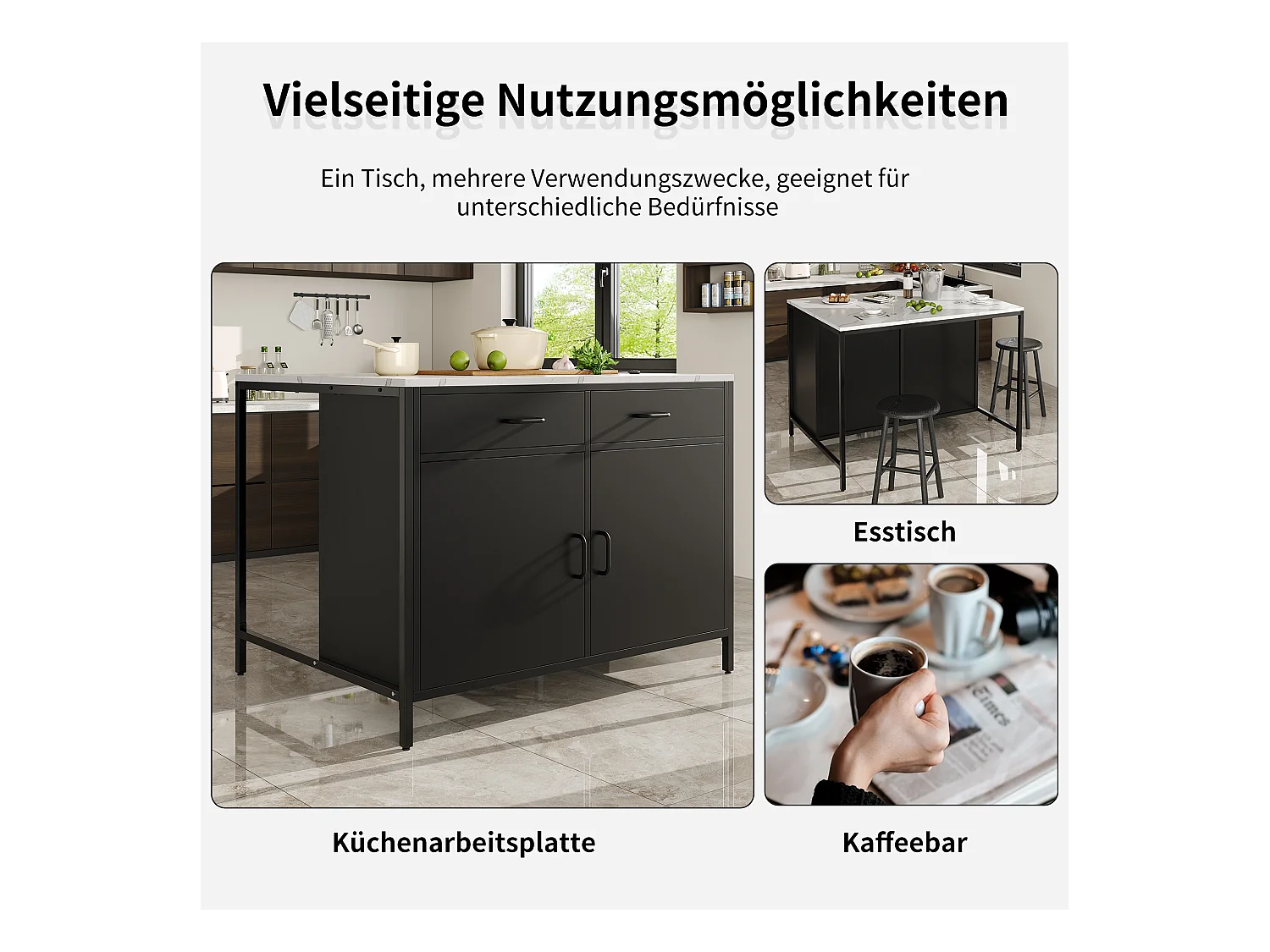 Ilha de cozinha - 100 x 90 x 90 cm - mesa de bar - com 2 portas + 2 gavetas + pés reguláveis - MDF - preto