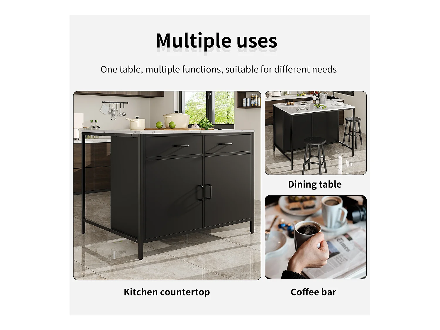 Ilha de cozinha - 100 x 90 x 90 cm - mesa de bar - com 2 portas + 2 gavetas + pés reguláveis - MDF - preto