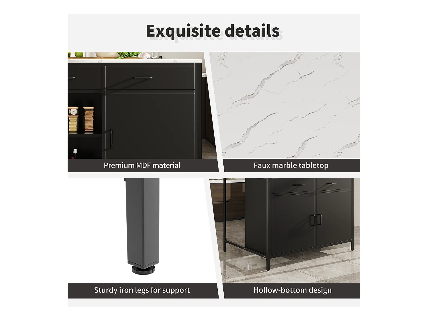 Ilha de cozinha - 100 x 90 x 90 cm - mesa de bar - com 2 portas + 2 gavetas + pés reguláveis - MDF - preto