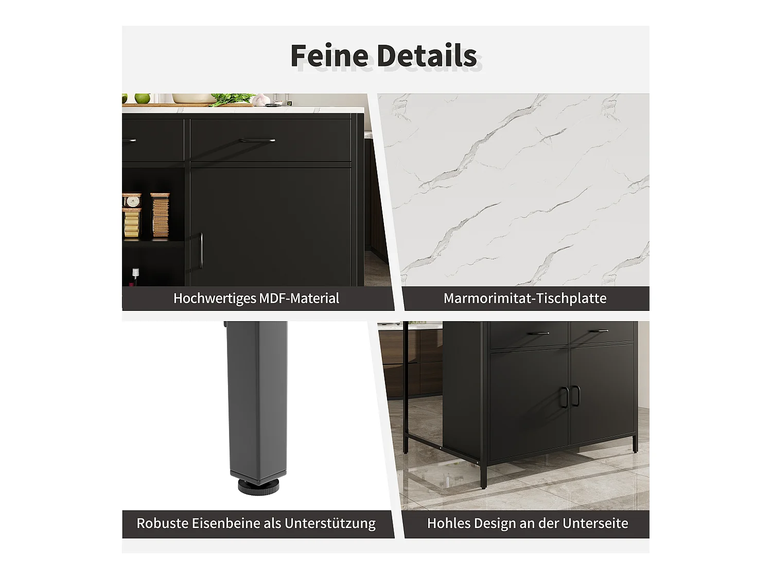 Ilha de cozinha - 100 x 90 x 90 cm - mesa de bar - com 2 portas + 2 gavetas + pés reguláveis - MDF - preto