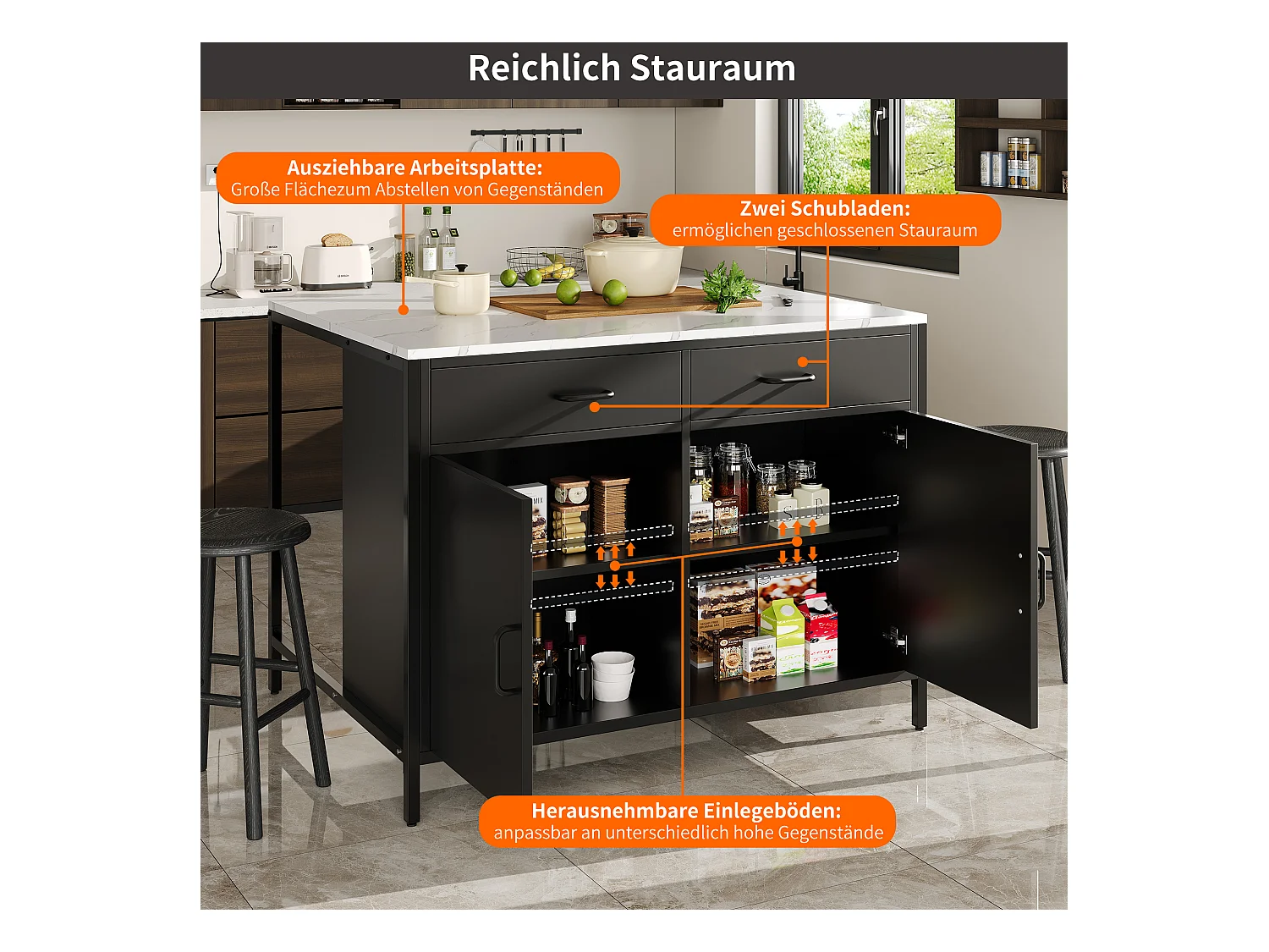 Ilha de cozinha - 100 x 90 x 90 cm - mesa de bar - com 2 portas + 2 gavetas + pés reguláveis - MDF - preto