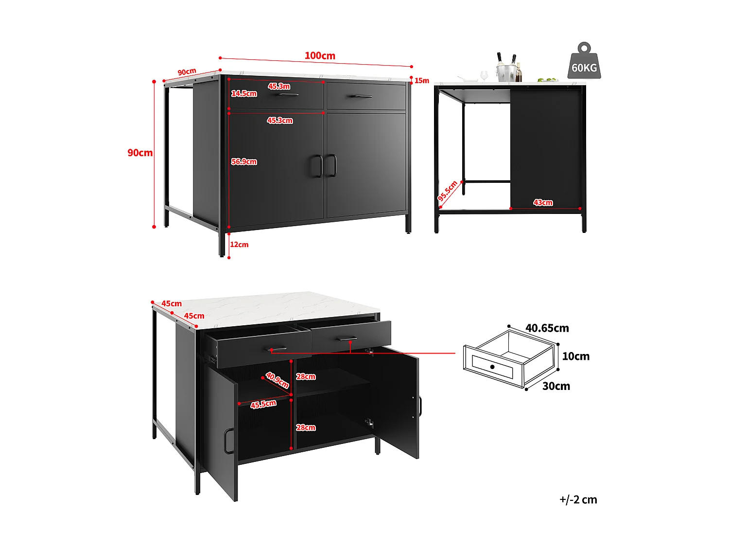 Îlot de cuisine - 100 x 90 x 90 cm - table de bar - avec 2 portes + 2 tiroirs + pieds réglables - MDF - noir