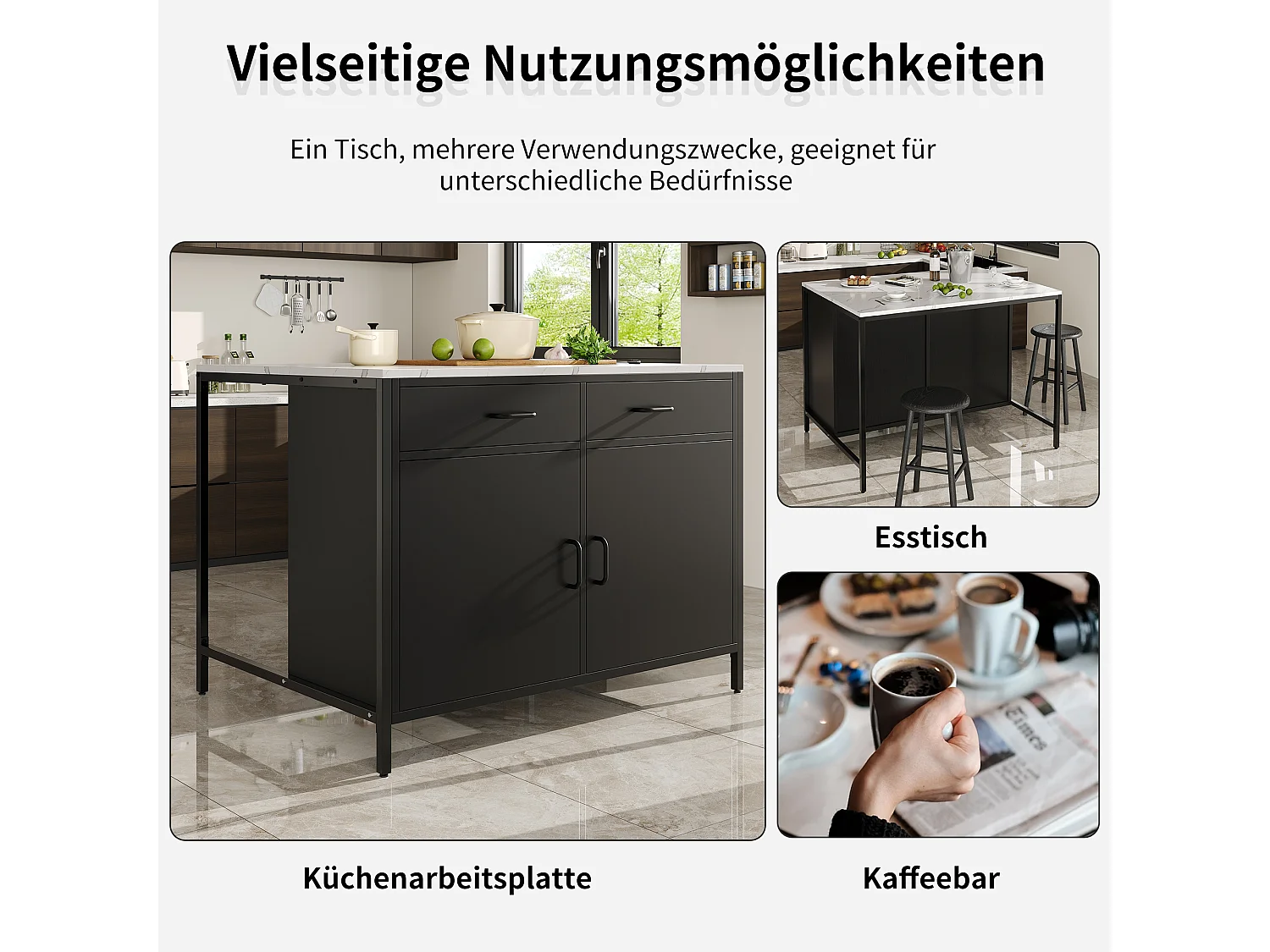 Îlot de cuisine - 100 x 90 x 90 cm - table de bar - avec 2 portes + 2 tiroirs + pieds réglables - MDF - noir