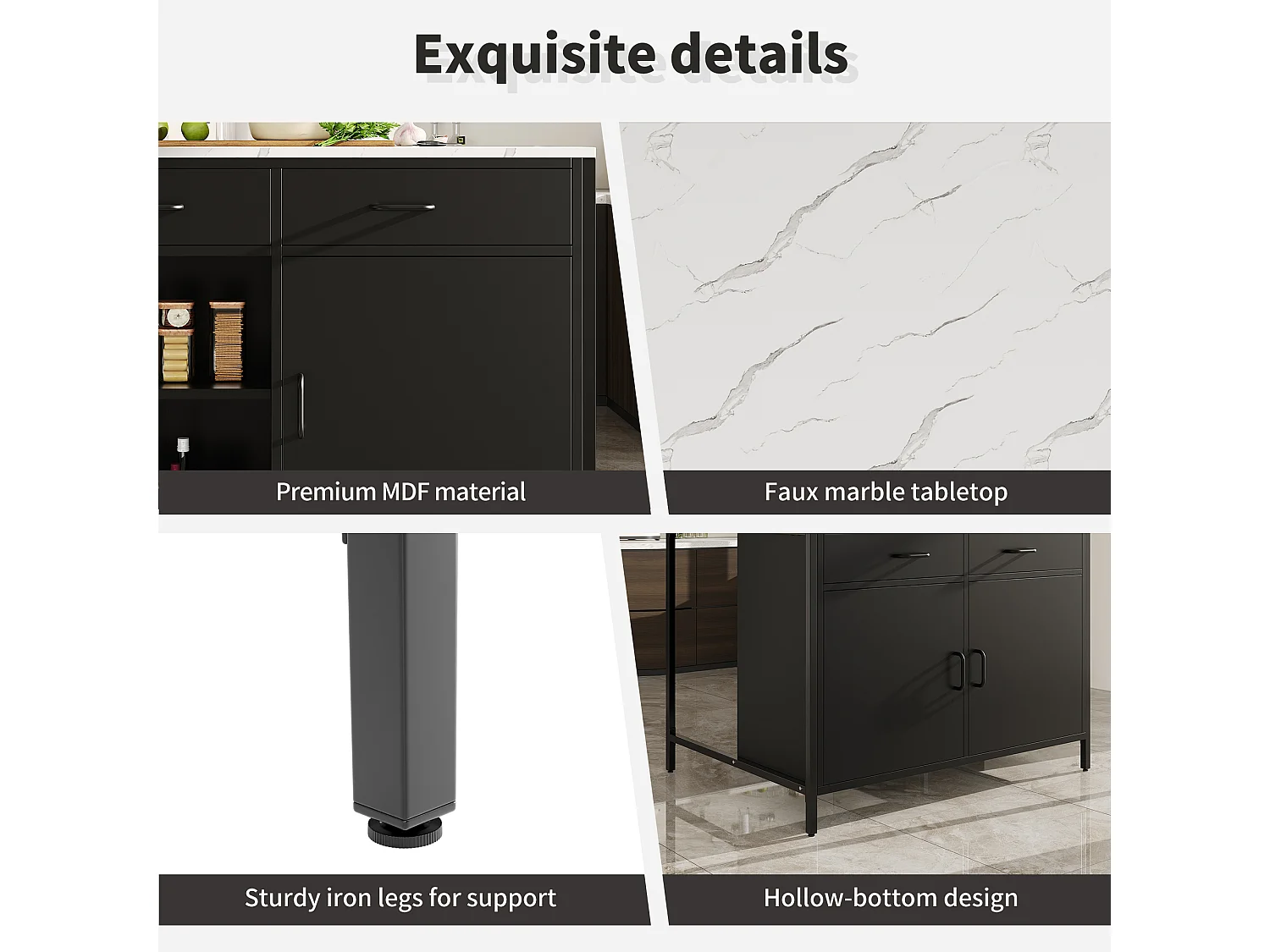 Îlot de cuisine - 100 x 90 x 90 cm - table de bar - avec 2 portes + 2 tiroirs + pieds réglables - MDF - noir