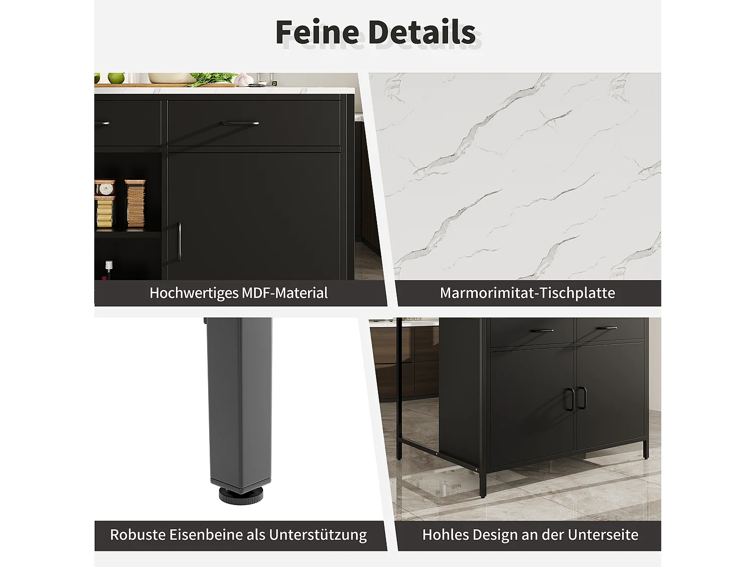 Îlot de cuisine - 100 x 90 x 90 cm - table de bar - avec 2 portes + 2 tiroirs + pieds réglables - MDF - noir