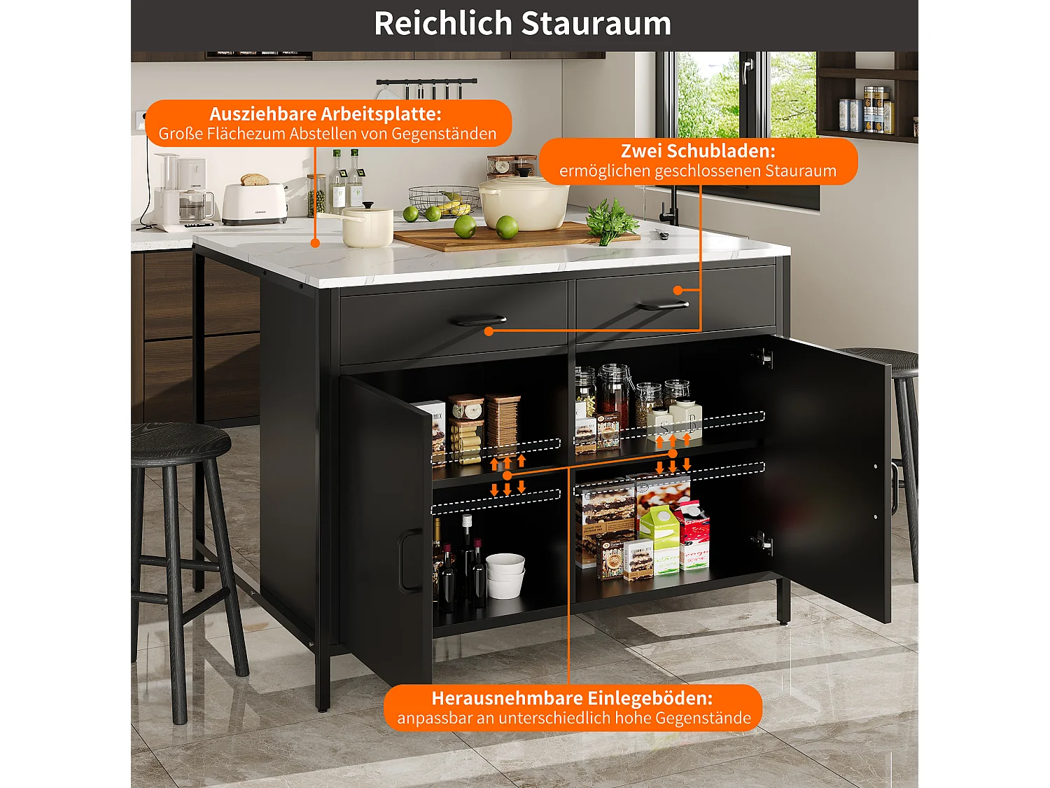 Îlot de cuisine - 100 x 90 x 90 cm - table de bar - avec 2 portes + 2 tiroirs + pieds réglables - MDF - noir