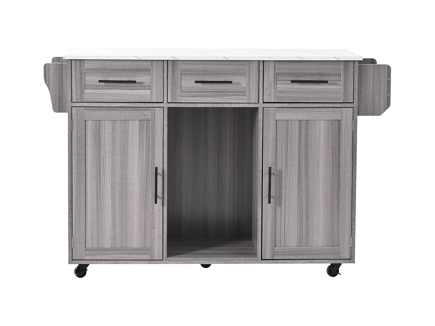 Carrinho de cozinha móvel - Ilha de cozinha cinzenta com 3 gavetas e 2 portas - bancada dobrável - puxadores pretos