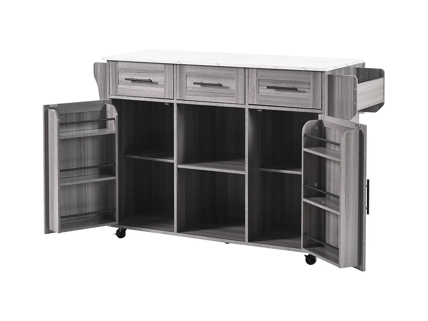 Carrinho de cozinha móvel - Ilha de cozinha cinzenta com 3 gavetas e 2 portas - bancada dobrável - puxadores pretos