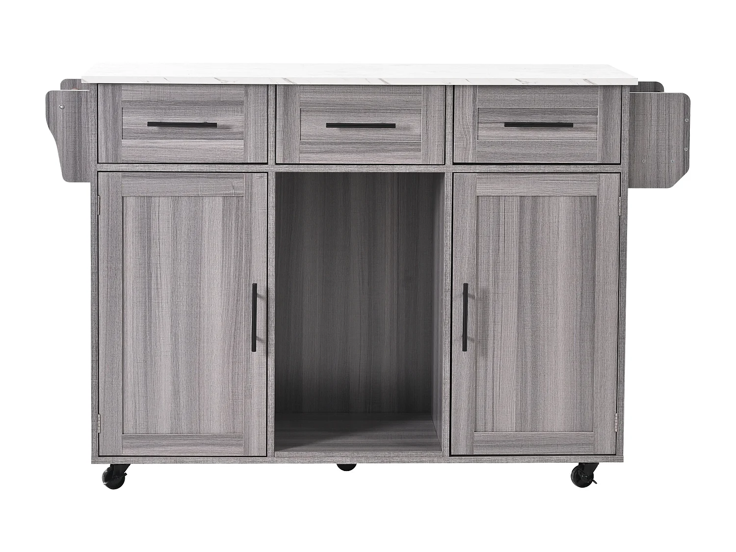 Mobilny wózek kuchenny - Szara wyspa kuchenna z 3 szufladami i 2 drzwiami - składany blat - czarne uchwyty