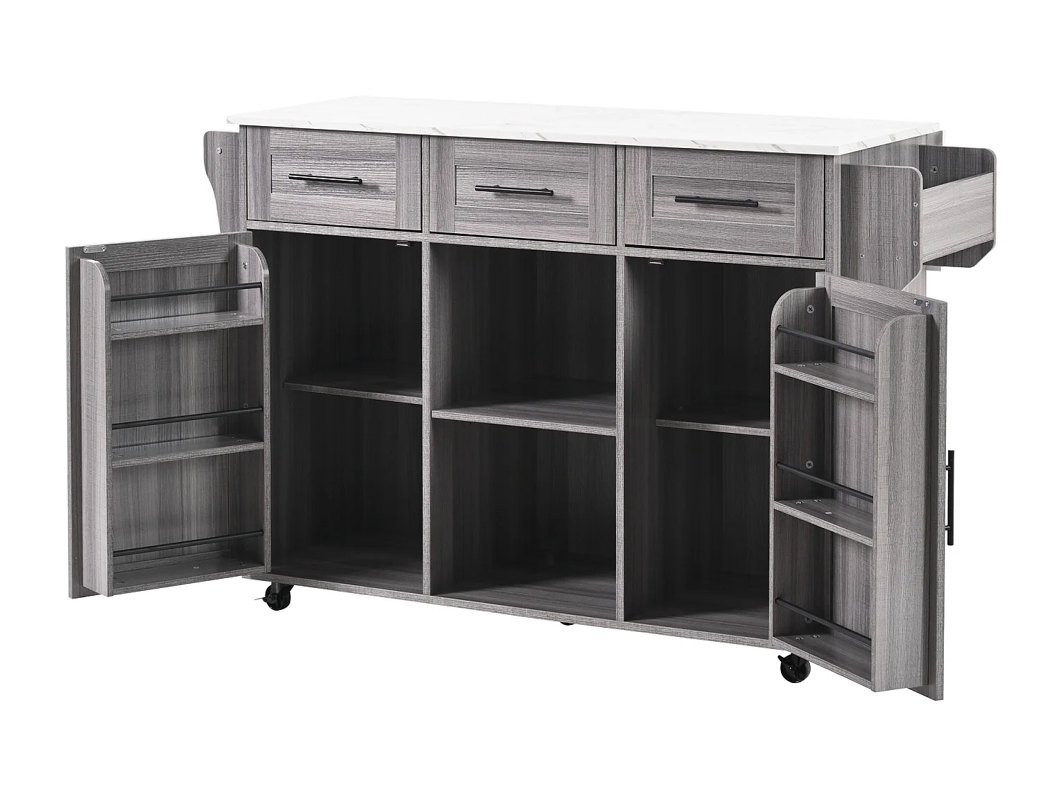 Mobilny wózek kuchenny - Szara wyspa kuchenna z 3 szufladami i 2 drzwiami - składany blat - czarne uchwyty