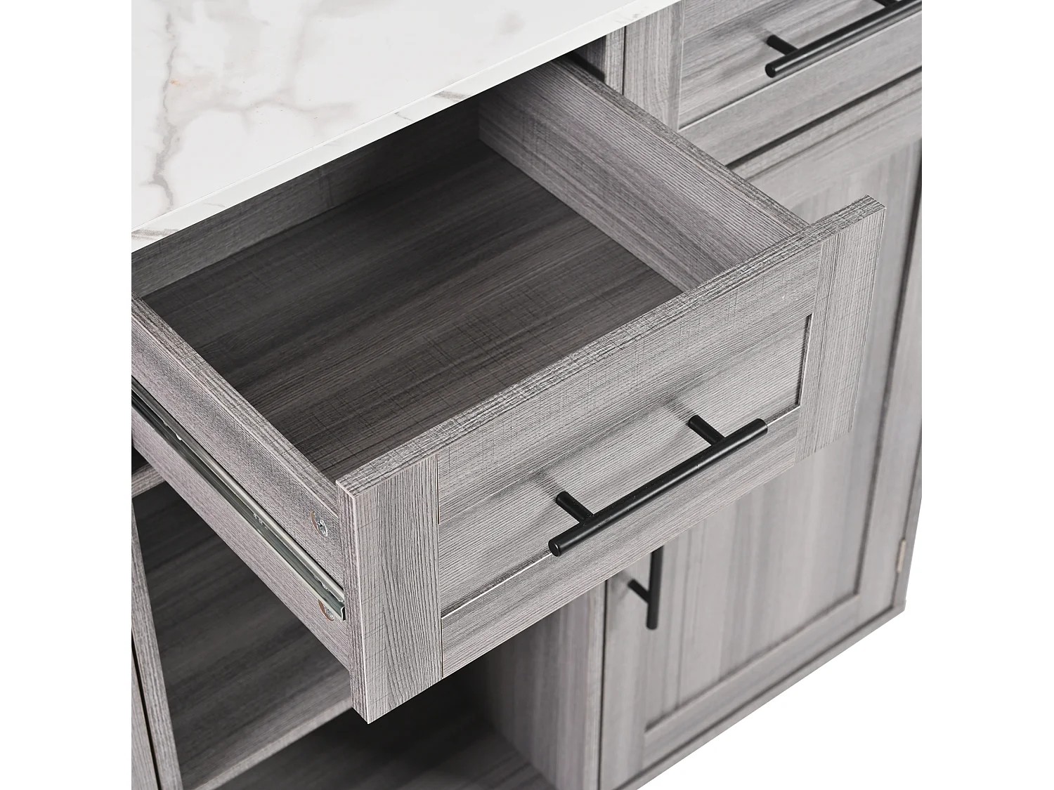 Carrinho de cozinha móvel - Ilha de cozinha cinzenta com 3 gavetas e 2 portas - bancada dobrável - puxadores pretos