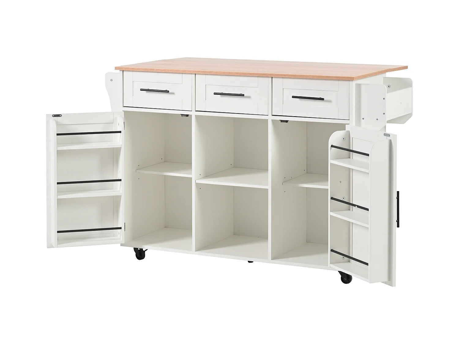 Mobilny wózek kuchenny - Biała wyspa kuchenna z 3 szuflady i 2 drzwi - składany blat - czarne uchwyty