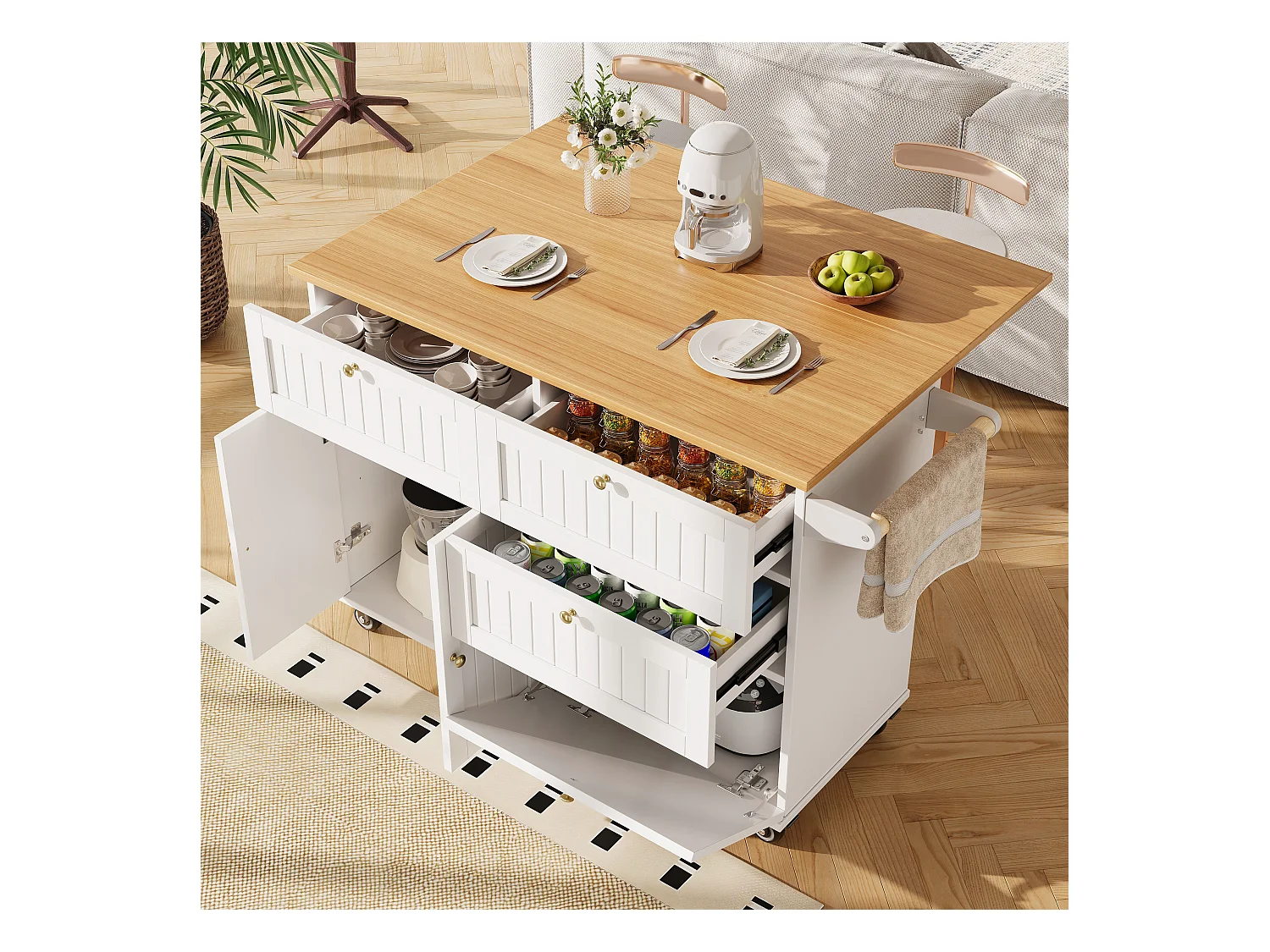 Kücheninsel auf Rollen – 133 x 70 x 88 cm – Servierwagen mit Auszügen, 3 Schubladen und 3 Türen – MDF – Weiß