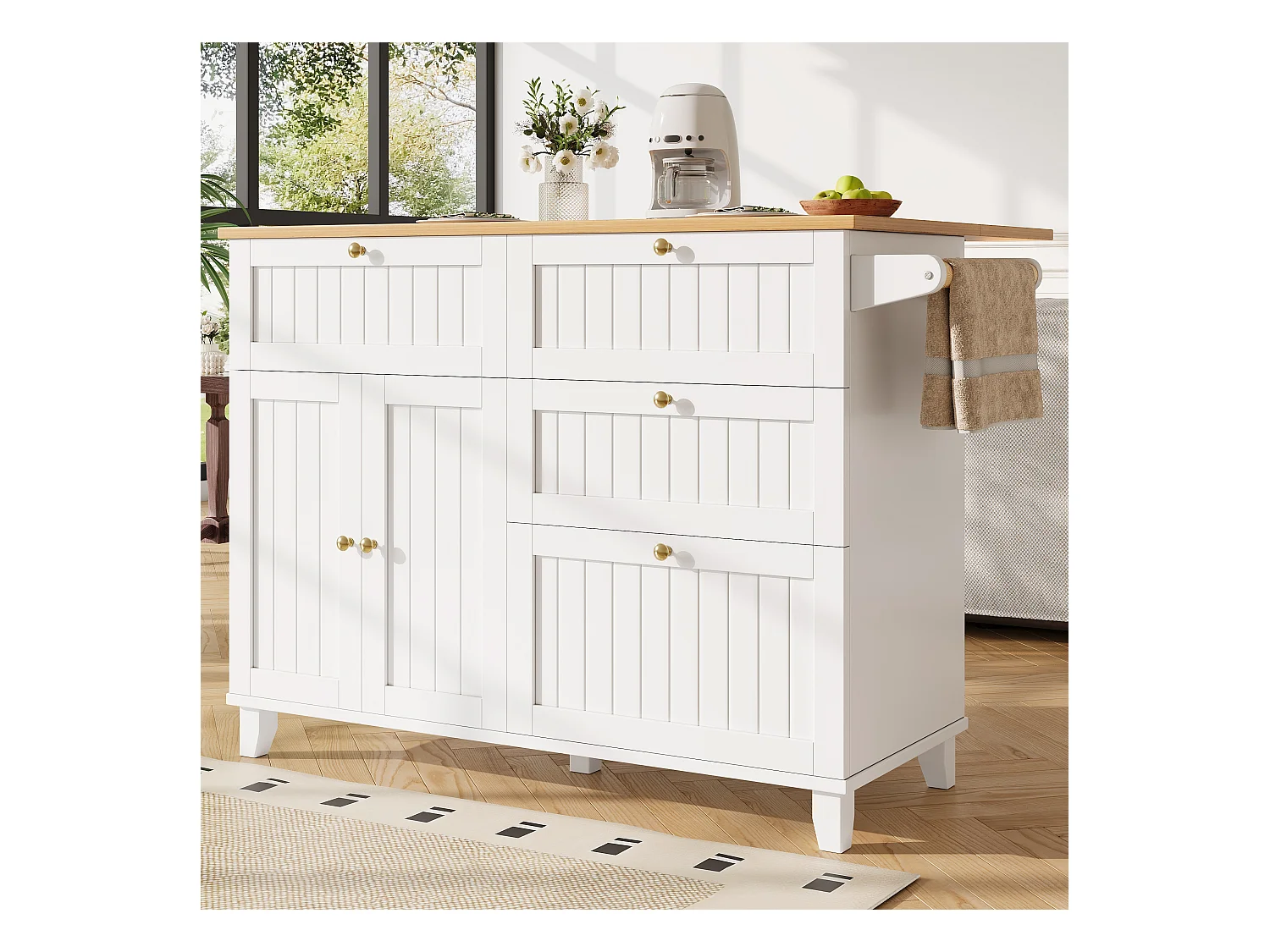 Kücheninsel auf Rollen – 133 x 70 x 88 cm – Servierwagen mit Auszügen, 3 Schubladen und 3 Türen – MDF – Weiß