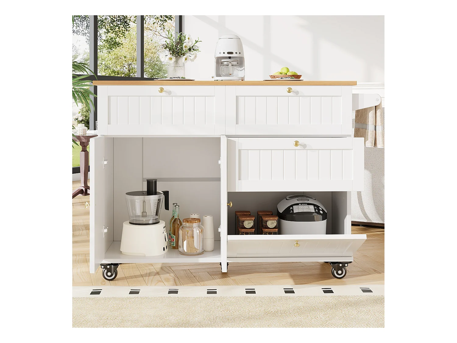 Kücheninsel auf Rollen – 133 x 70 x 88 cm – Servierwagen mit Auszügen, 3 Schubladen und 3 Türen – MDF – Weiß