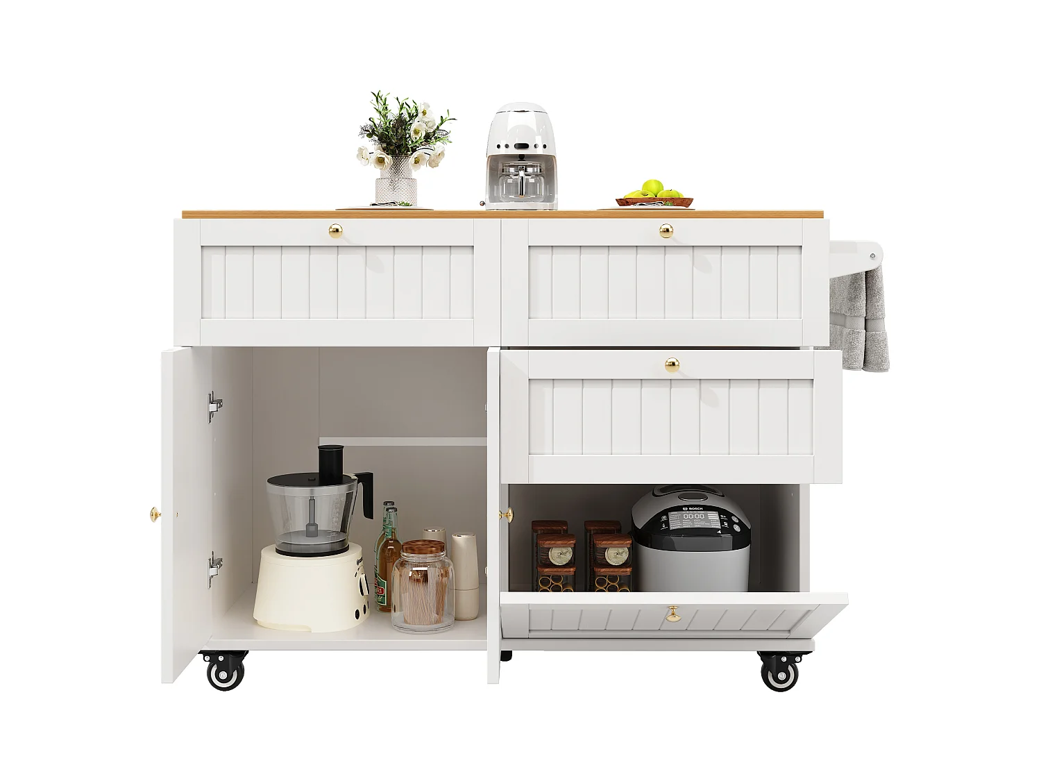 Kücheninsel auf Rollen – 133 x 70 x 88 cm – Servierwagen mit Auszügen, 3 Schubladen und 3 Türen – MDF – Weiß