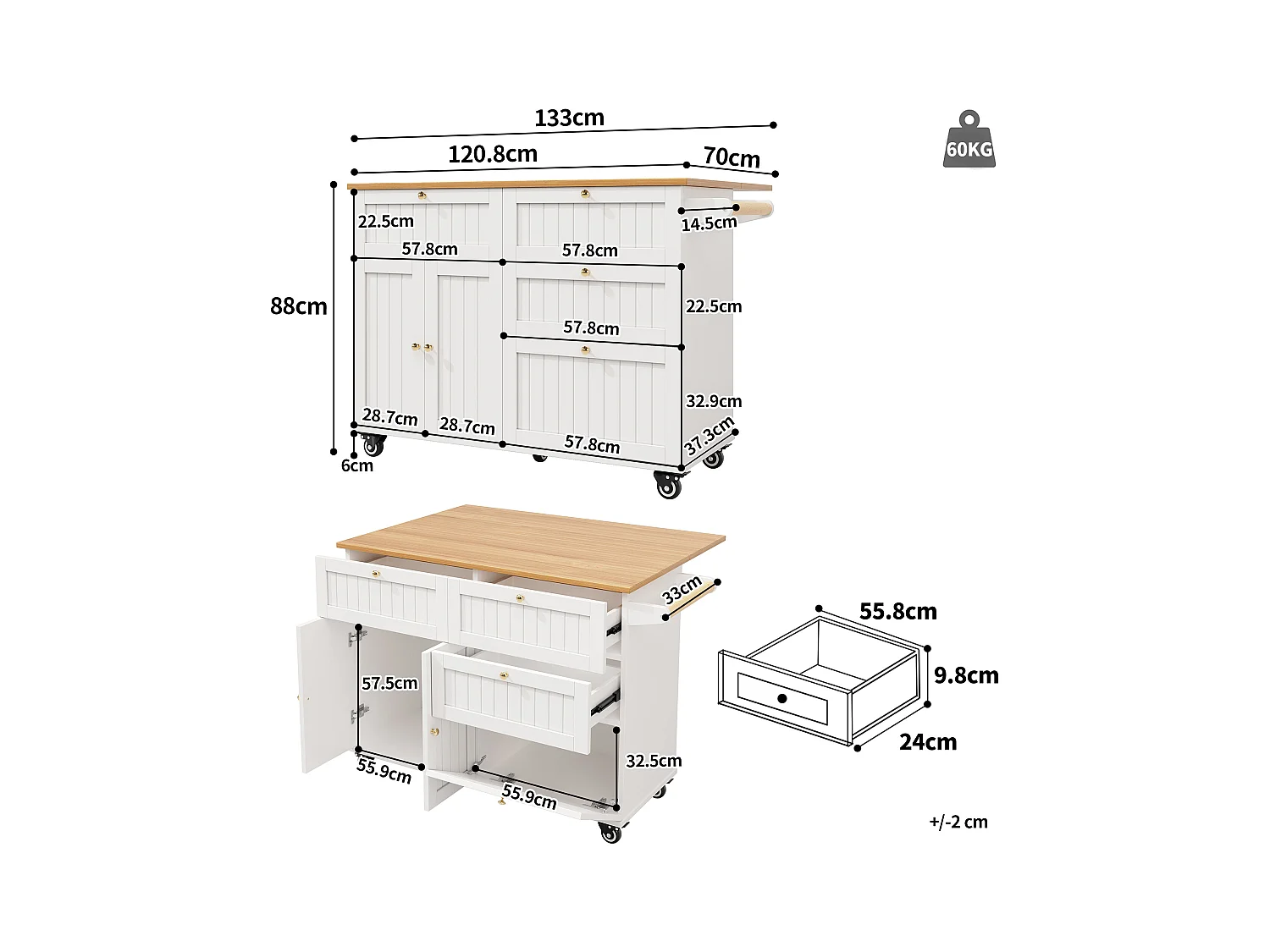 Kücheninsel auf Rollen – 133 x 70 x 88 cm – Servierwagen mit Auszügen, 3 Schubladen und 3 Türen – MDF – Weiß