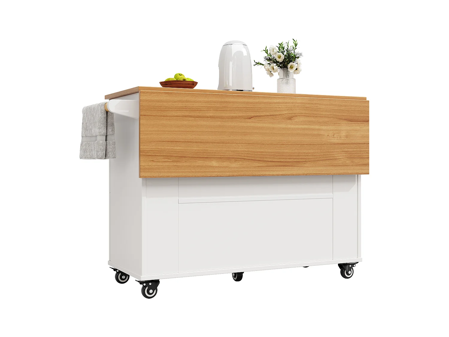 Kücheninsel auf Rollen – 133 x 70 x 88 cm – Servierwagen mit Auszügen, 3 Schubladen und 3 Türen – MDF – Weiß
