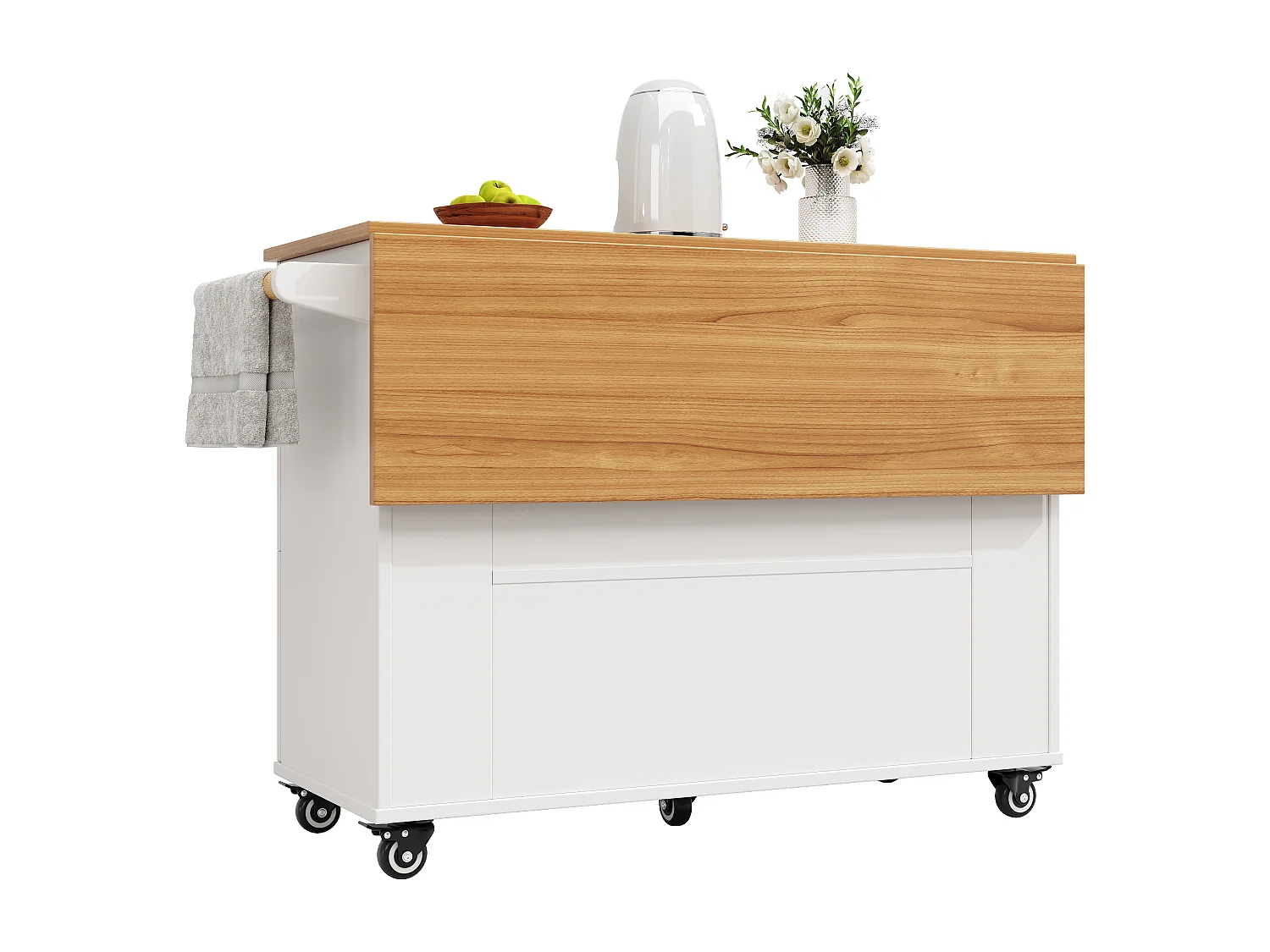 Keukeneiland op wielen - 133 x 70 x 88 cm - roltafel met uitschuifbare kasten + 3 lades + 3 deuren - MDF - wit