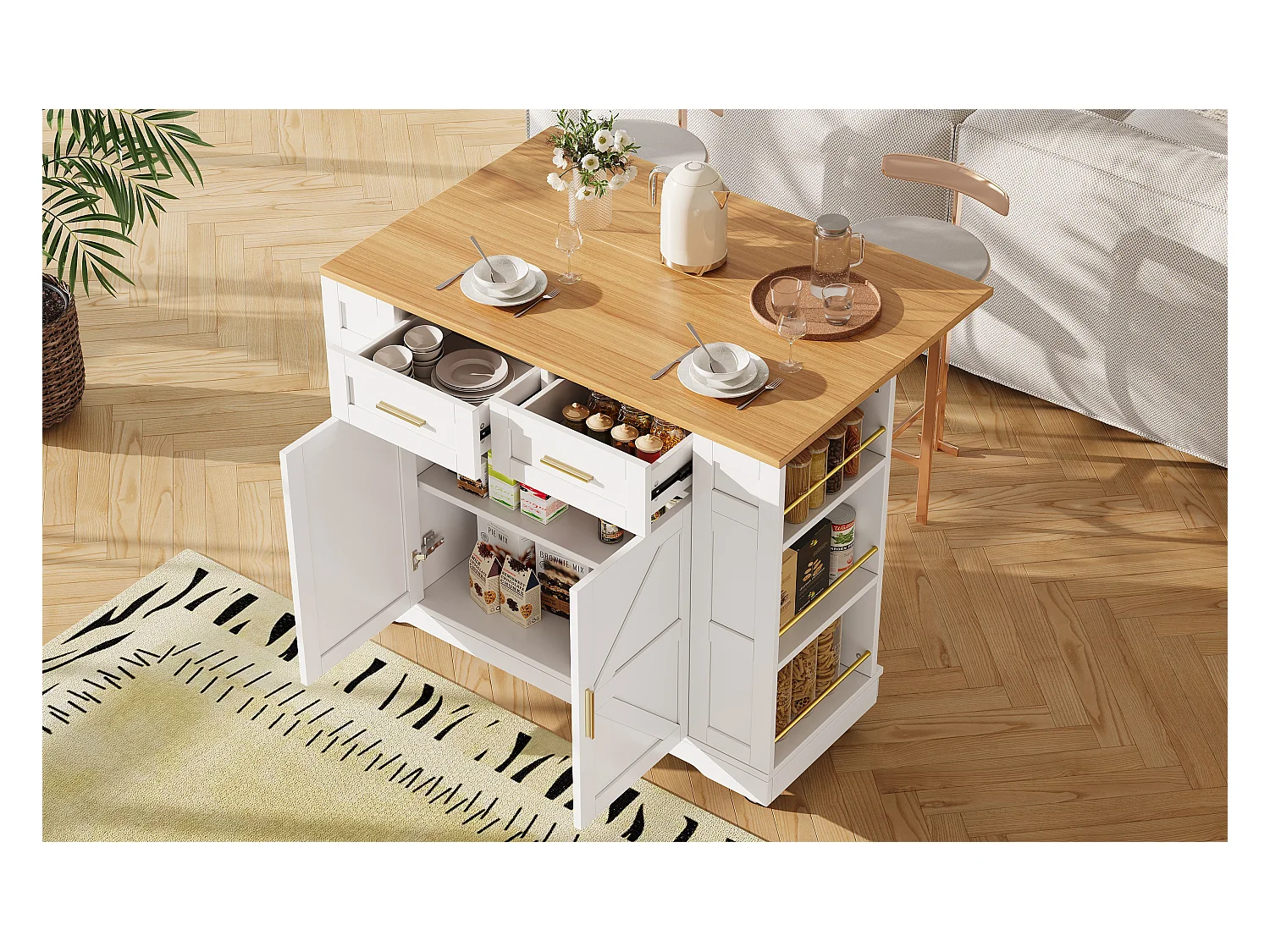 Îlot de cuisine à roulettes - 120 x 65 x 90 cm - desserte avec meubles extensibles - 2 portes + 2 tirois - MDF - blanc