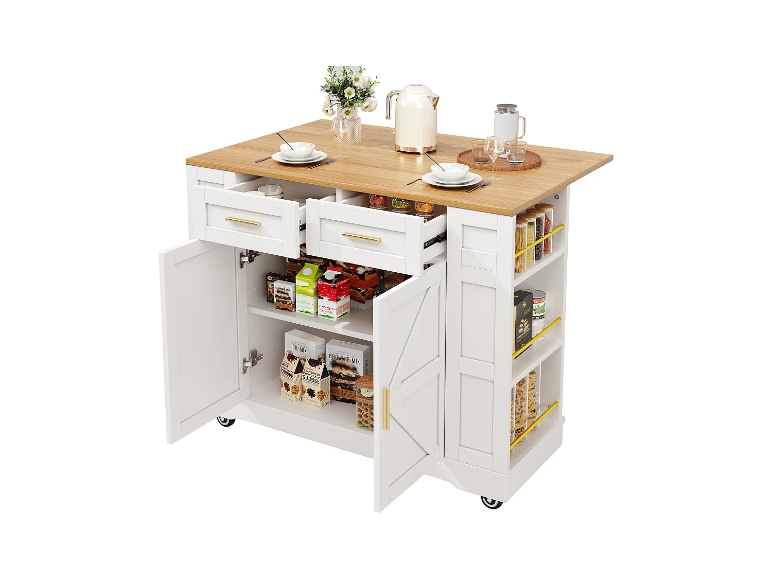 Îlot de cuisine à roulettes - 120 x 65 x 90 cm - desserte avec meubles extensibles - 2 portes + 2 tirois - MDF - blanc