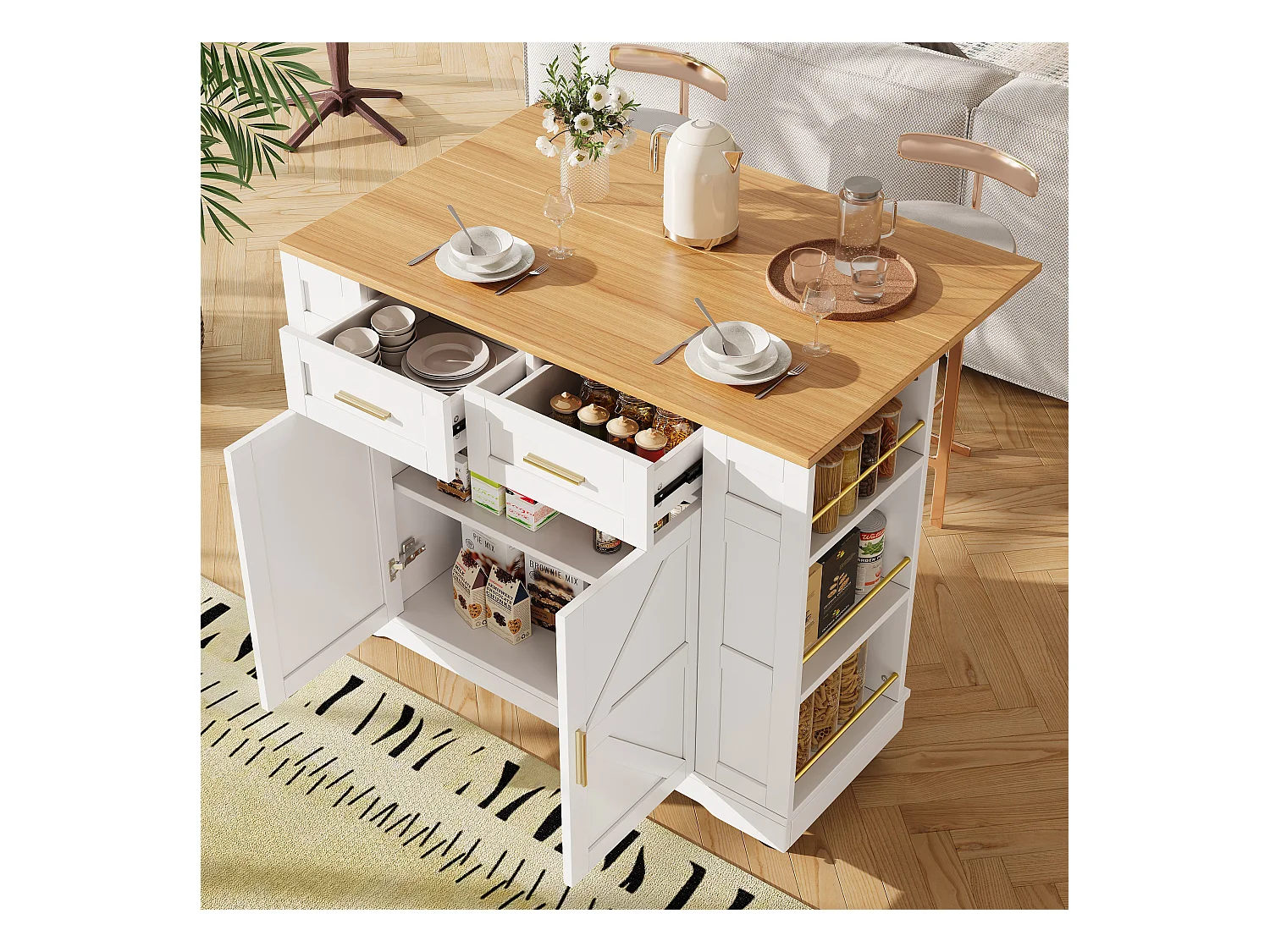 Kücheninsel auf Rollen – 120 x 65 x 90 cm – Servierwagen mit Auszügen, 2 Türen und 2 Schubladen – MDF – Weiß