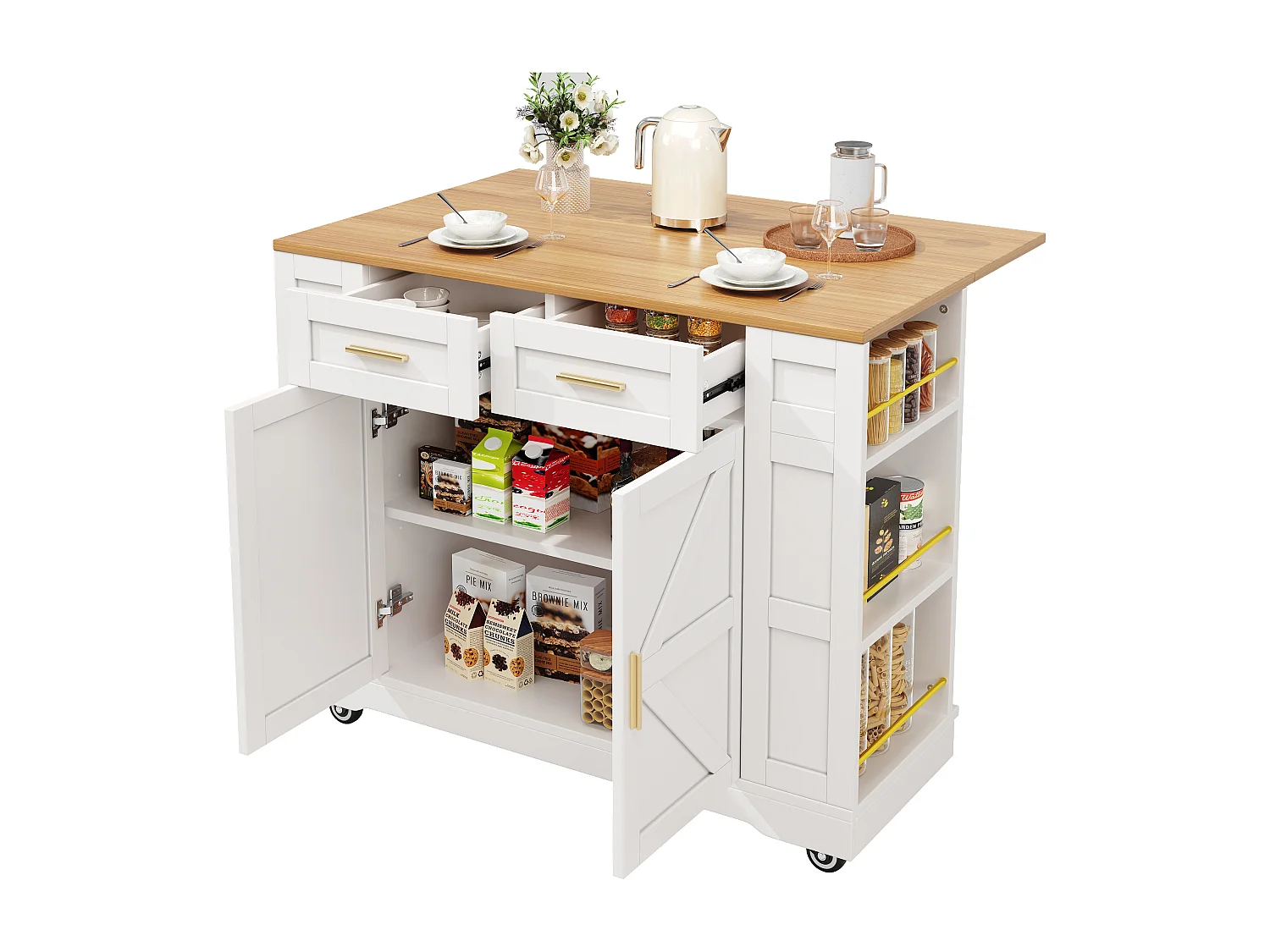 Îlot de cuisine à roulettes - 120 x 65 x 90 cm - desserte avec meubles extensibles - 2 portes + 2 tirois - MDF - blanc