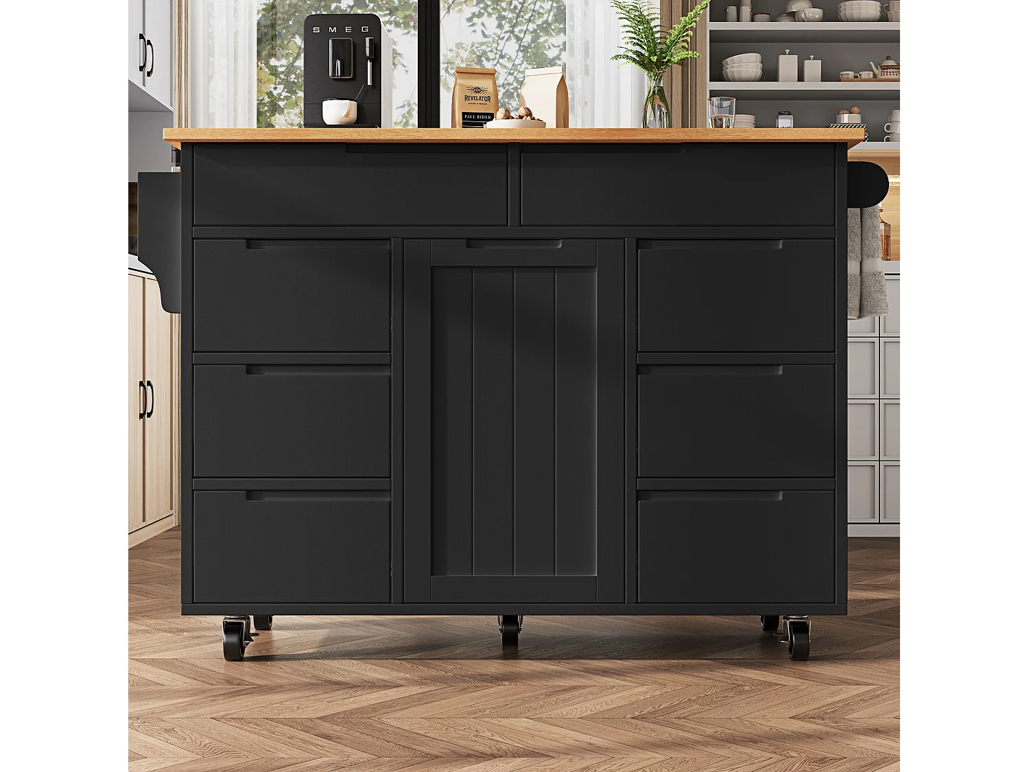 Isla de cocina negra - Isla de cocina móvil con especiero y 8 cajones - Superficie extensible