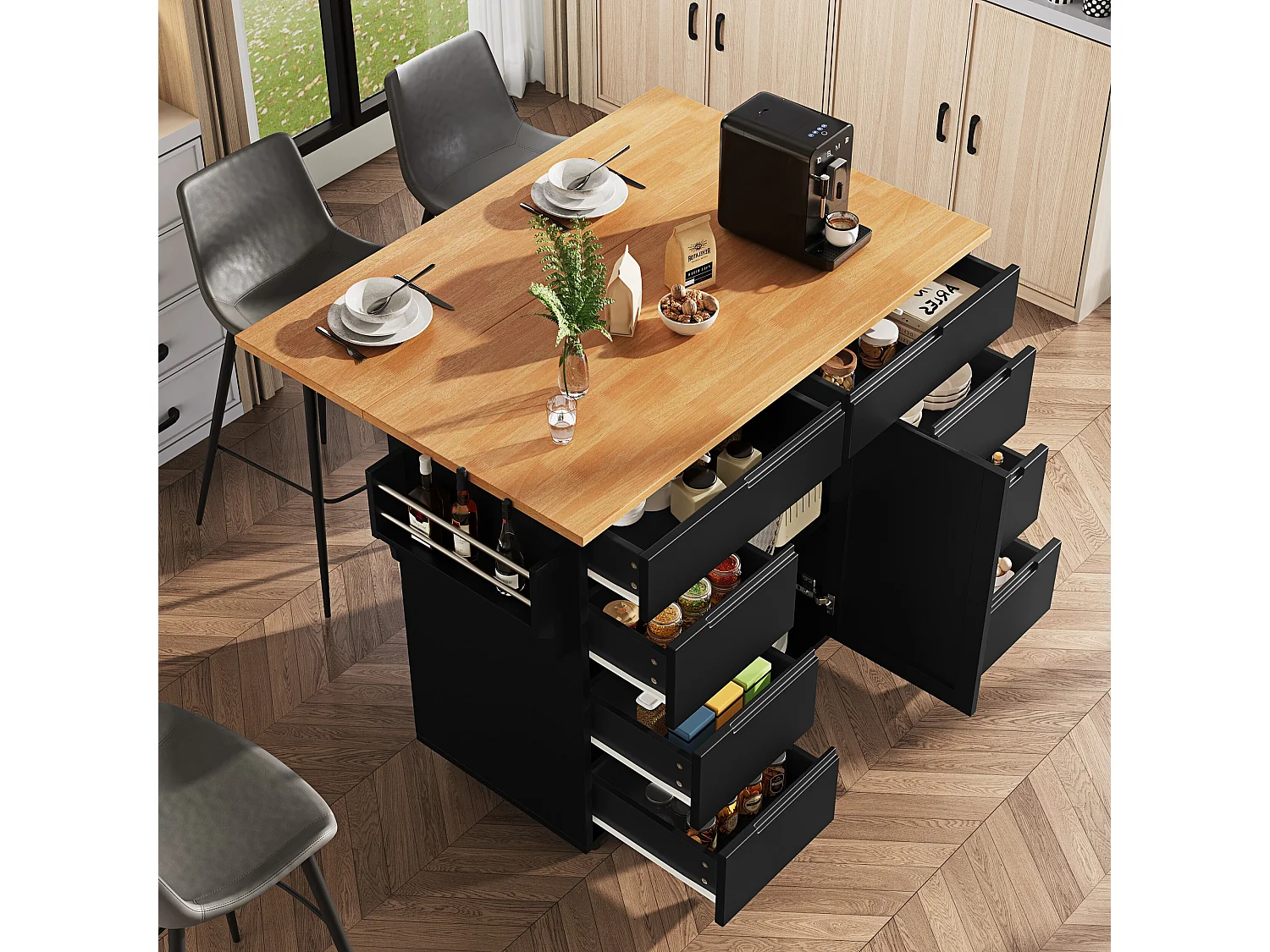 Isla de cocina negra - Isla de cocina móvil con especiero y 8 cajones - Superficie extensible